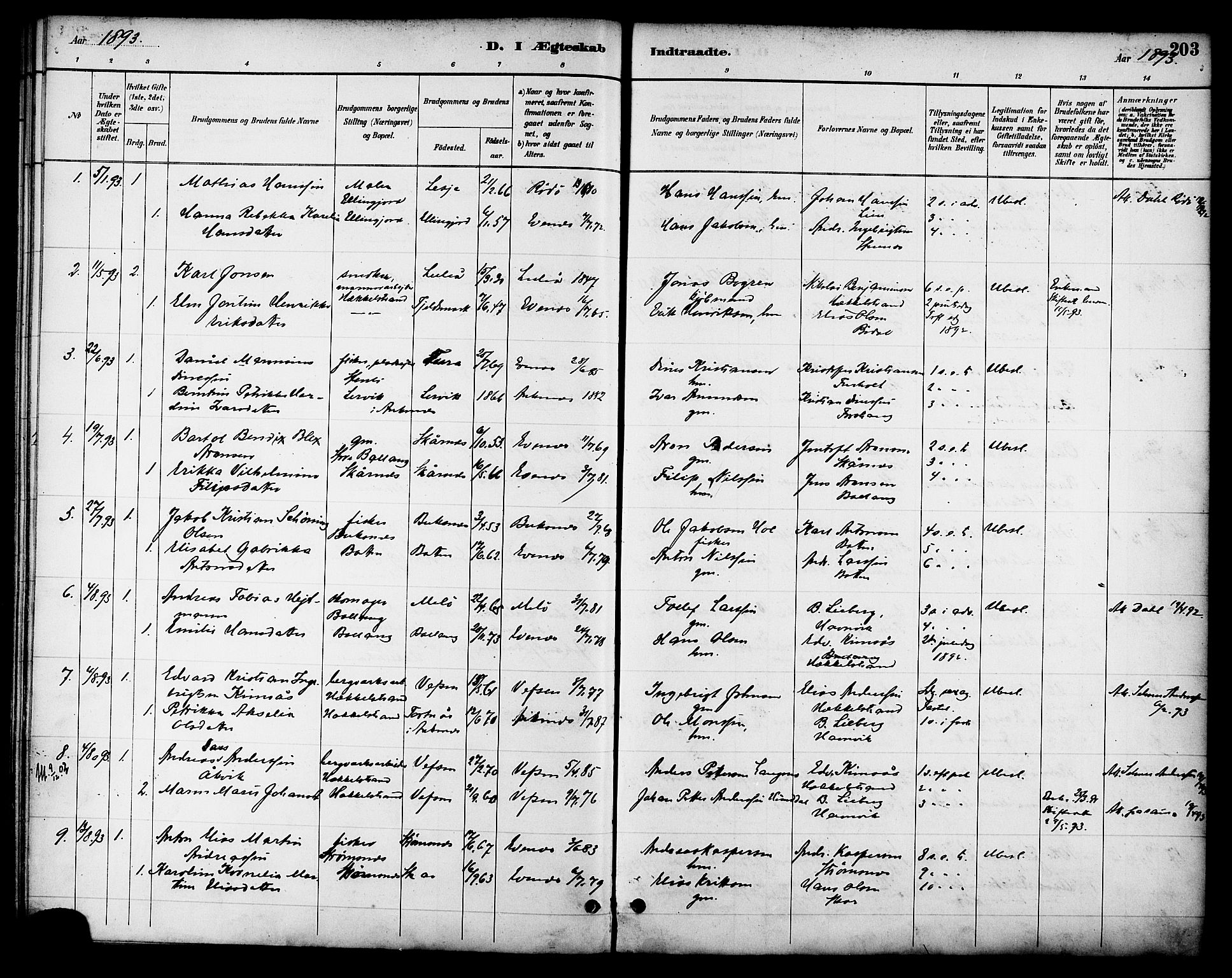 Ministerialprotokoller, klokkerbøker og fødselsregistre - Nordland, SAT/A-1459/863/L0898: Parish register (official) no. 863A10, 1886-1897, p. 203