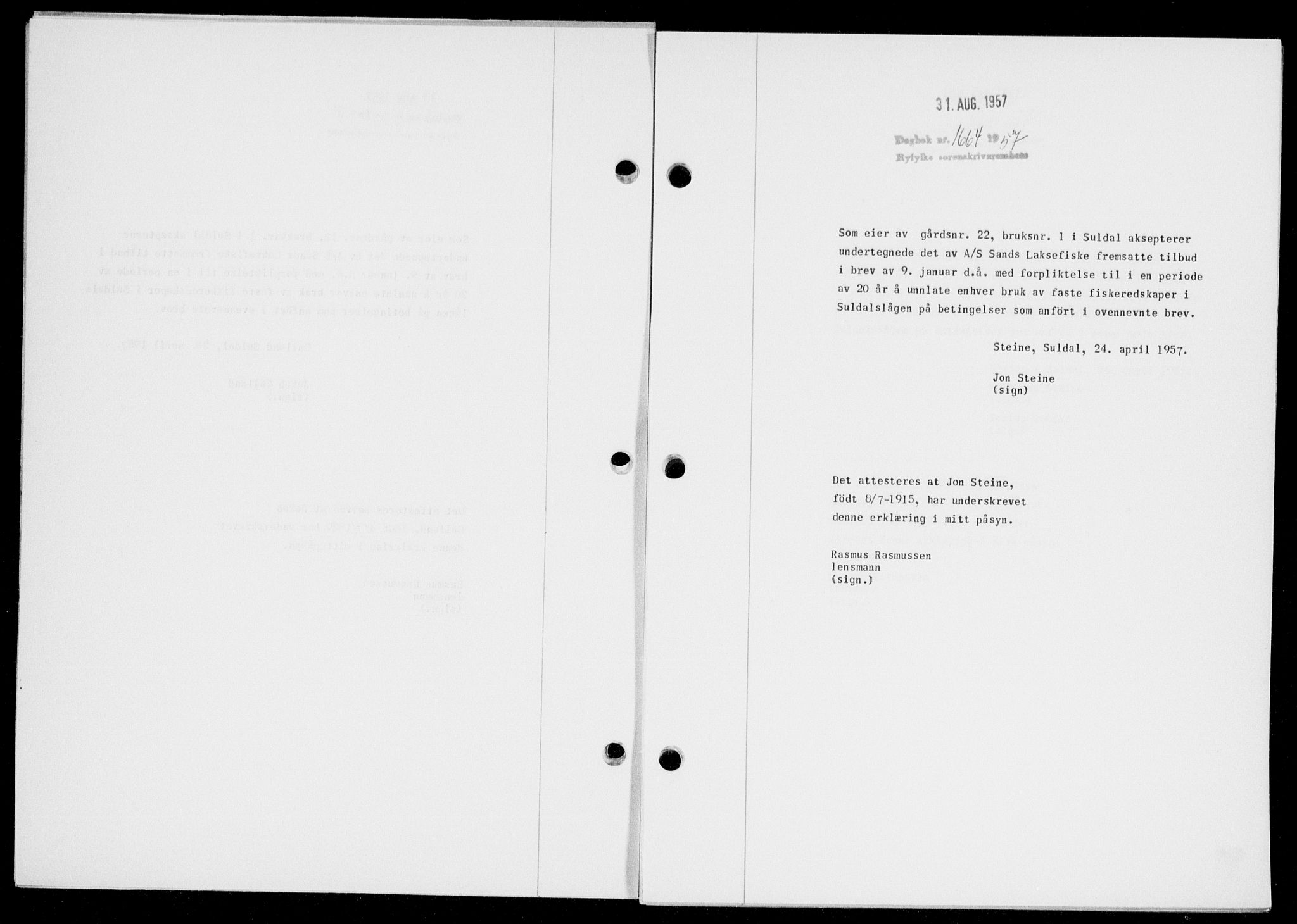 Ryfylke tingrett, SAST/A-100055/001/II/IIB/L0138: Mortgage book no. 117, 1957-1957, Diary no: : 1664/1957