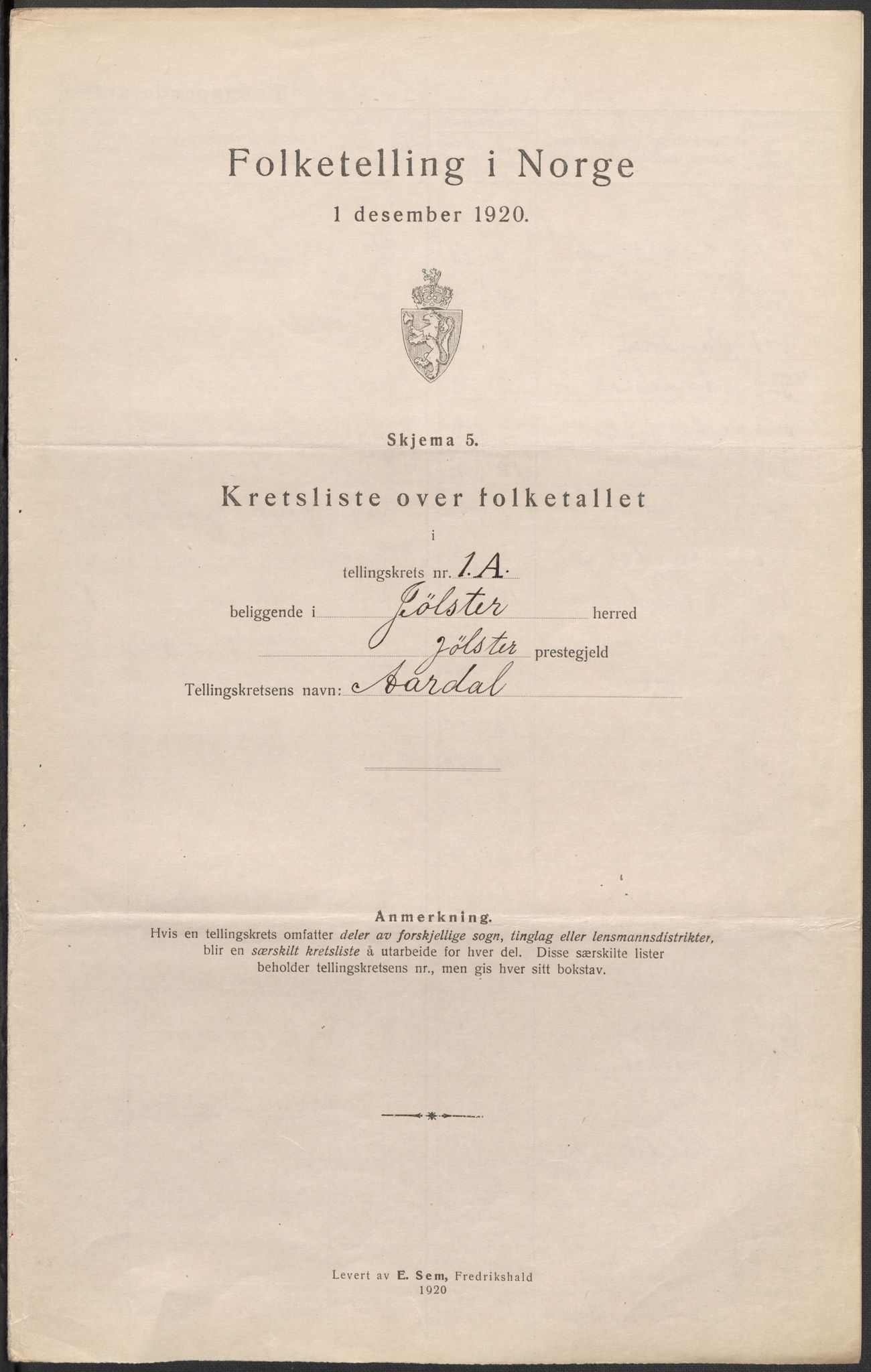 SAB, 1920 census for Jølster, 1920, p. 6