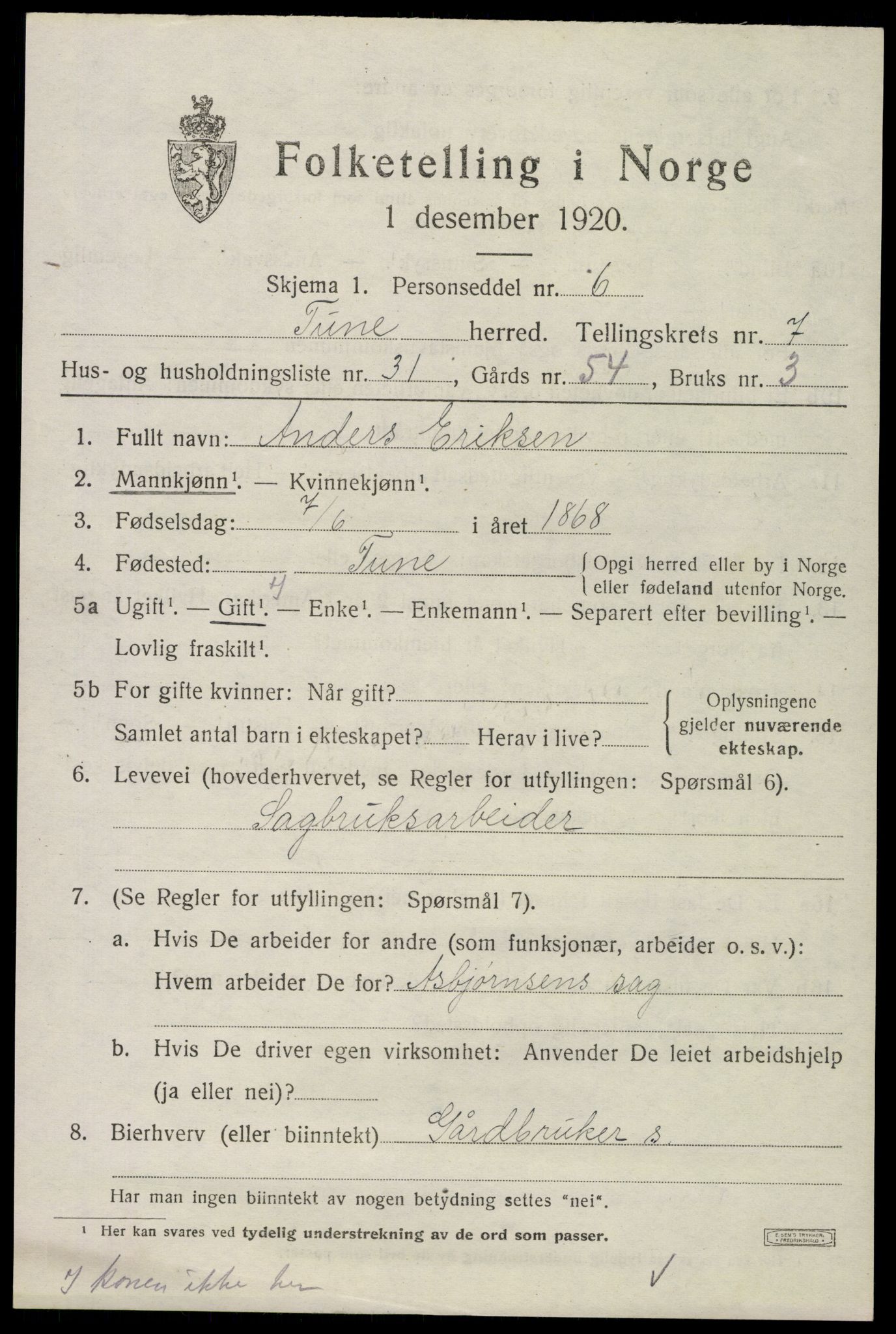 SAO, 1920 census for Tune, 1920, p. 6452