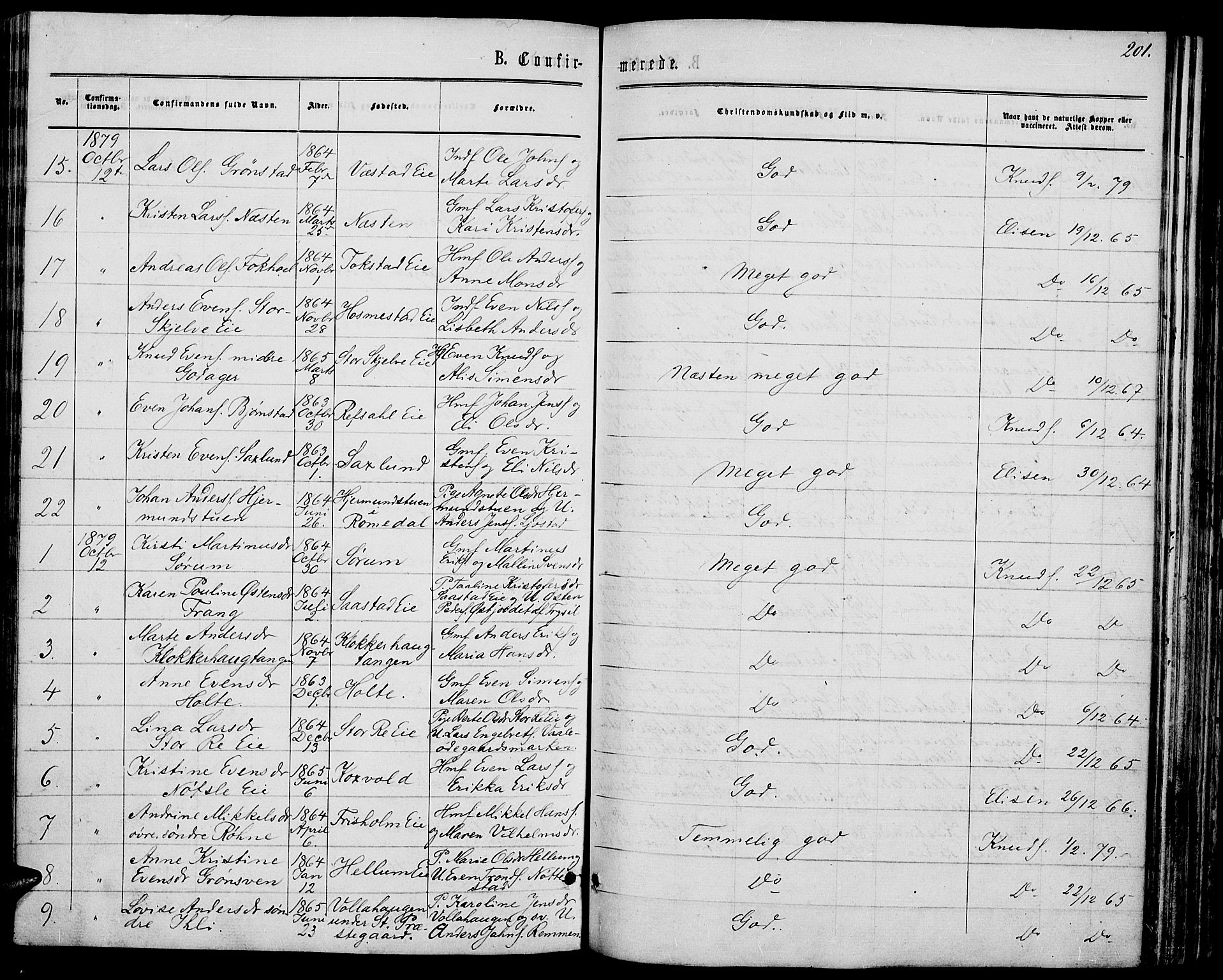 Stange prestekontor, AV/SAH-PREST-002/L/L0006: Parish register (copy) no. 6, 1864-1882, p. 201