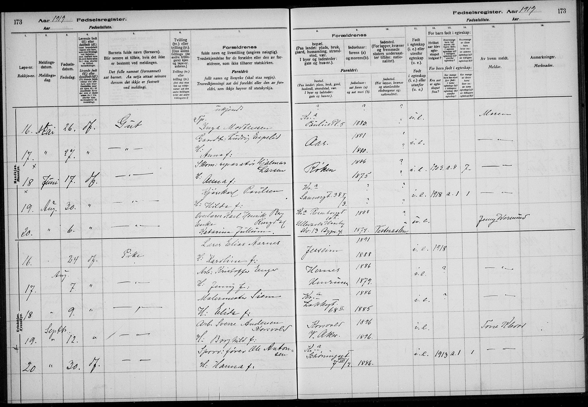 Rikshospitalet prestekontor Kirkebøker, AV/SAO-A-10309b/J/L0004: Birth register no. 4, 1919-1919, p. 173