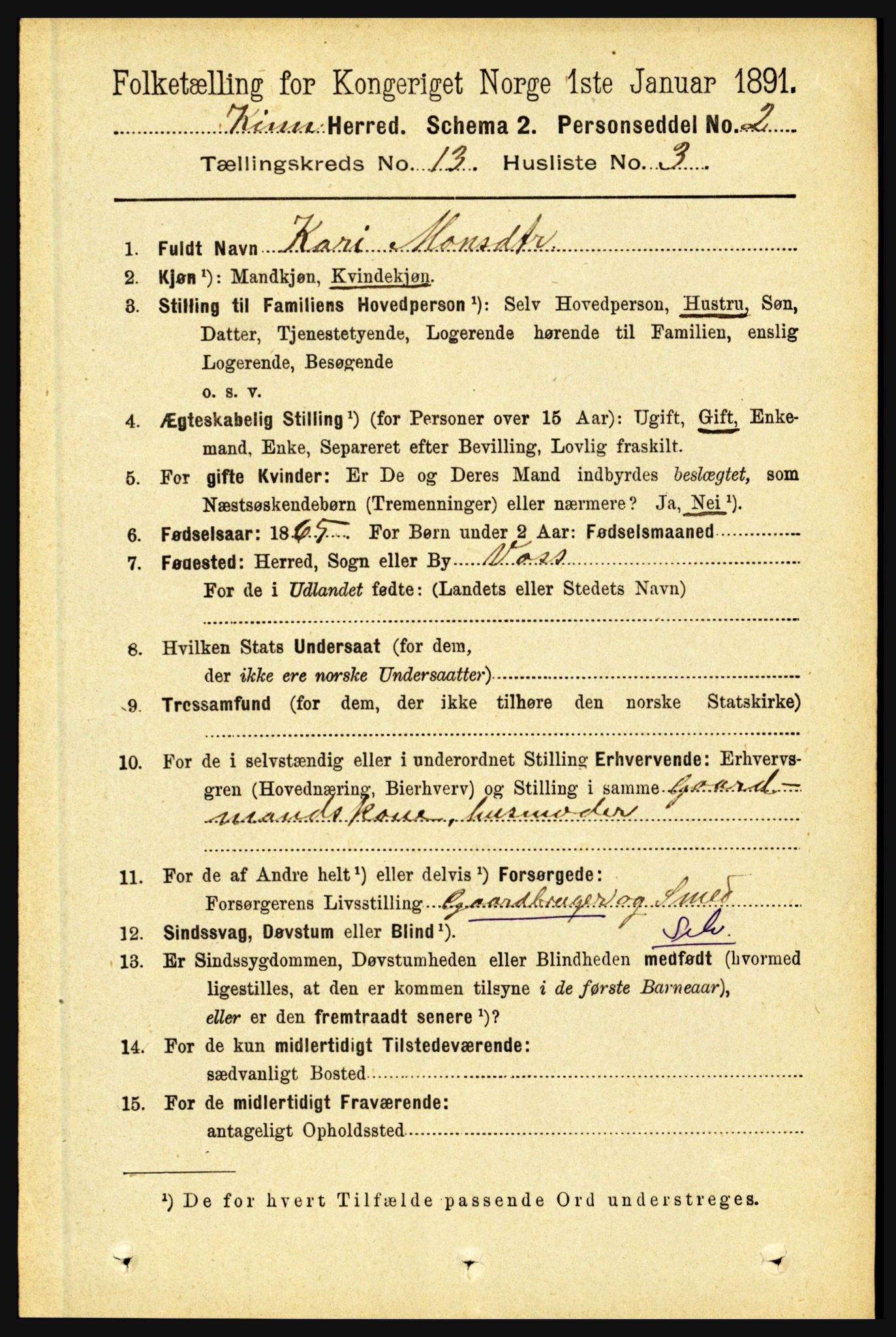 RA, 1891 census for 1437 Kinn, 1891, p. 5065