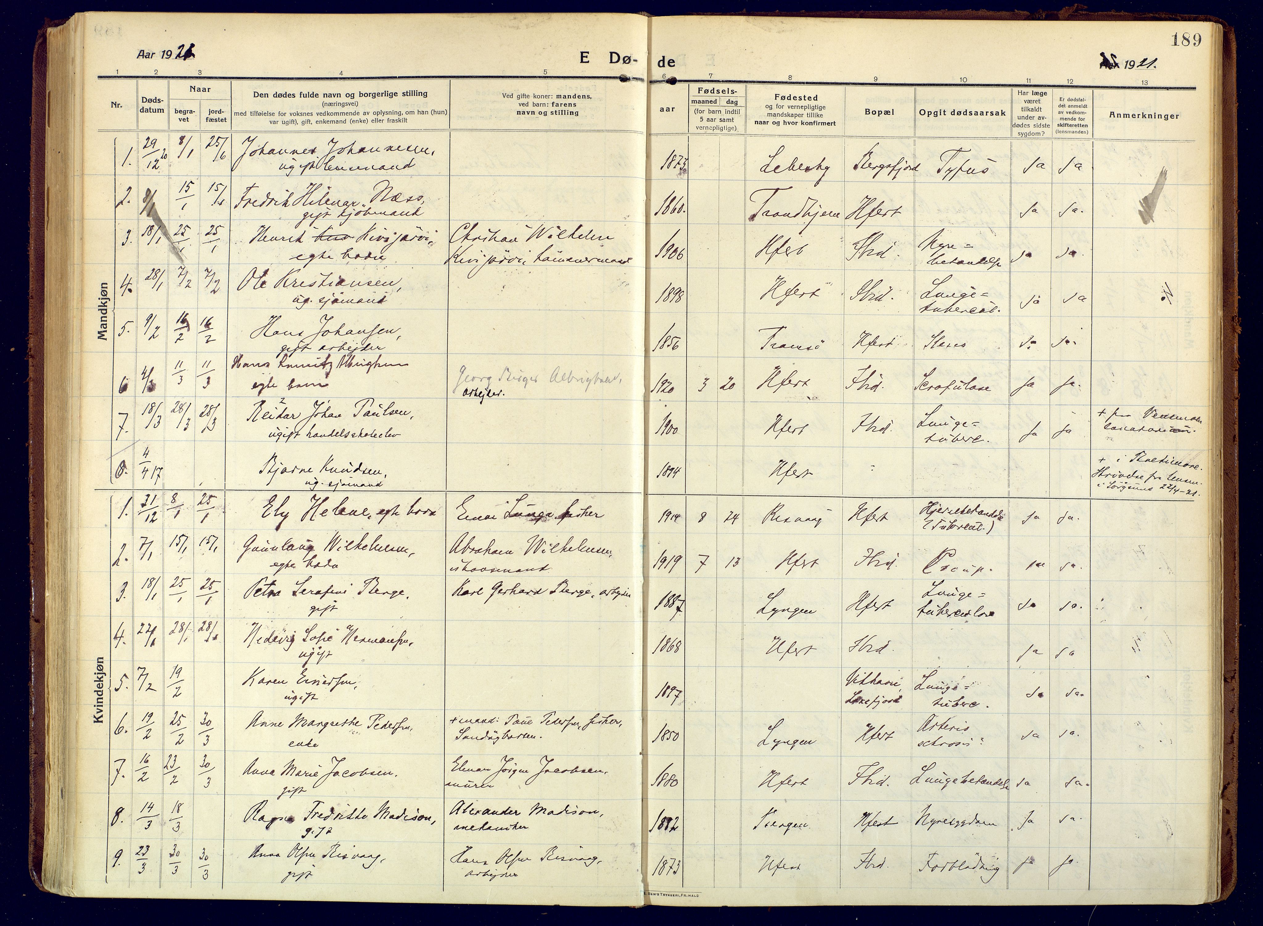 Hammerfest sokneprestkontor, AV/SATØ-S-1347/H/Ha/L0015.kirke: Parish register (official) no. 15, 1916-1923, p. 189