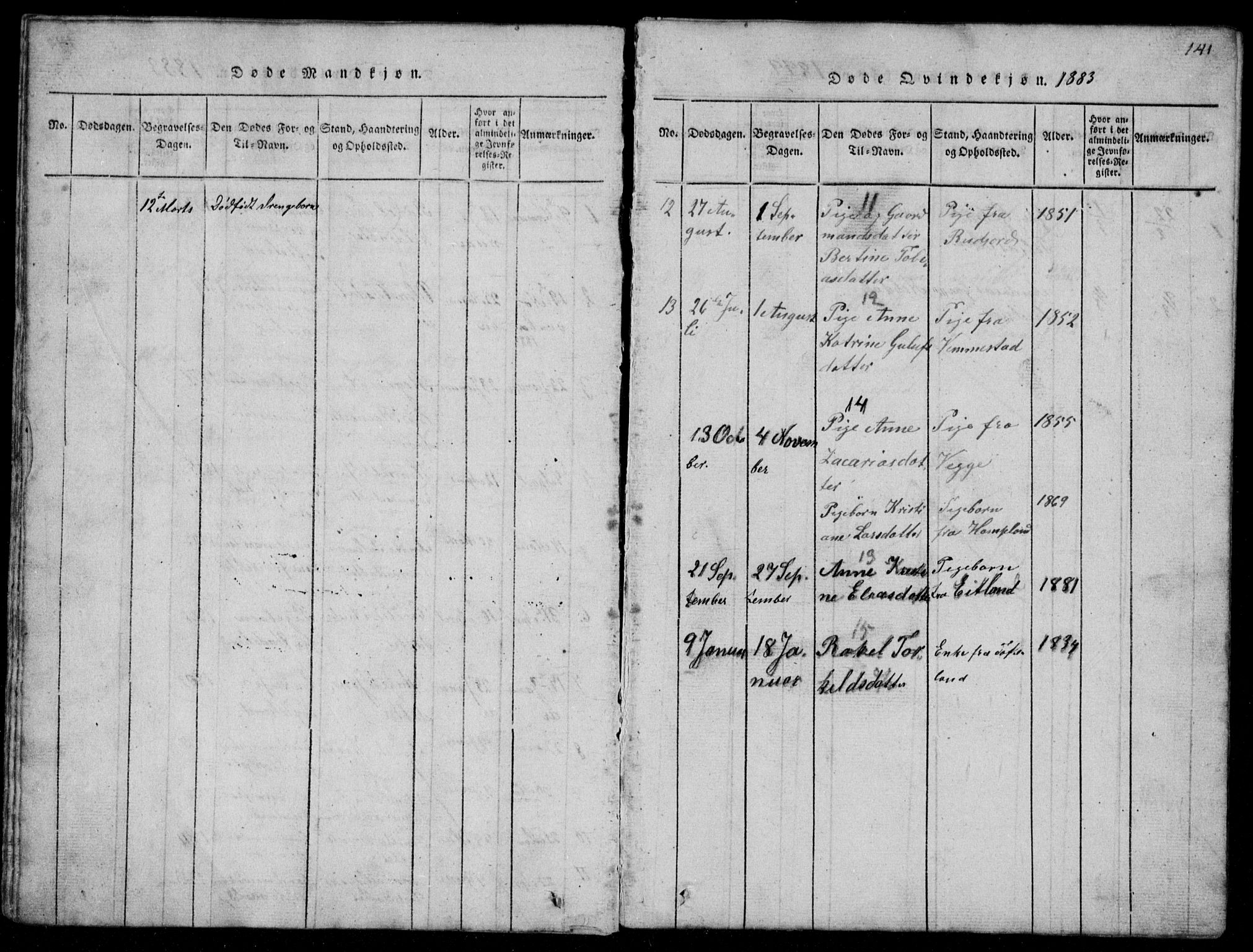 Lyngdal sokneprestkontor, AV/SAK-1111-0029/F/Fb/Fbb/L0001: Parish register (copy) no. B 1, 1816-1900, p. 141