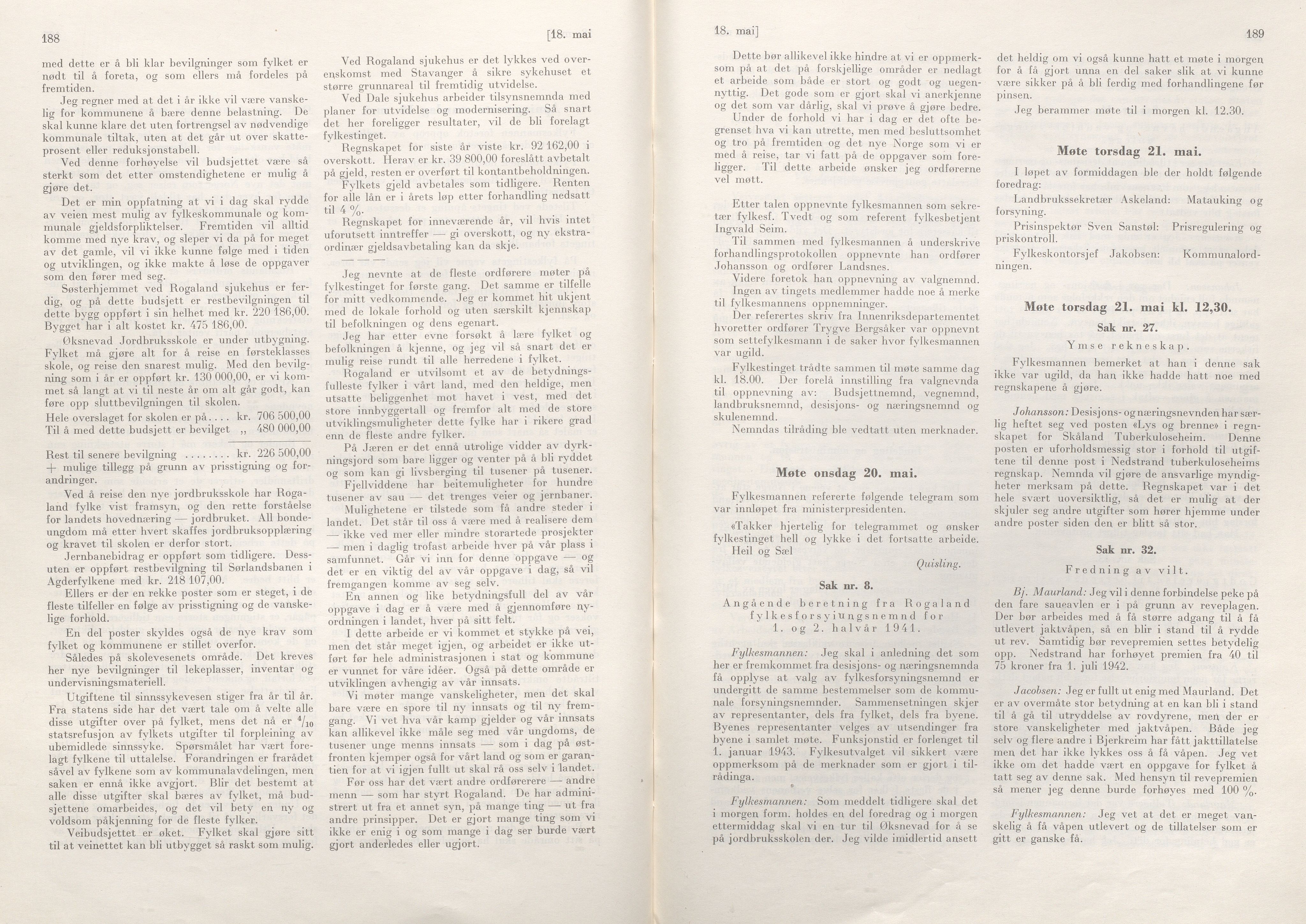 Rogaland fylkeskommune - Fylkesrådmannen , IKAR/A-900/A/Aa/Aaa/L0061: Møtebok , 1942, p. 188-189