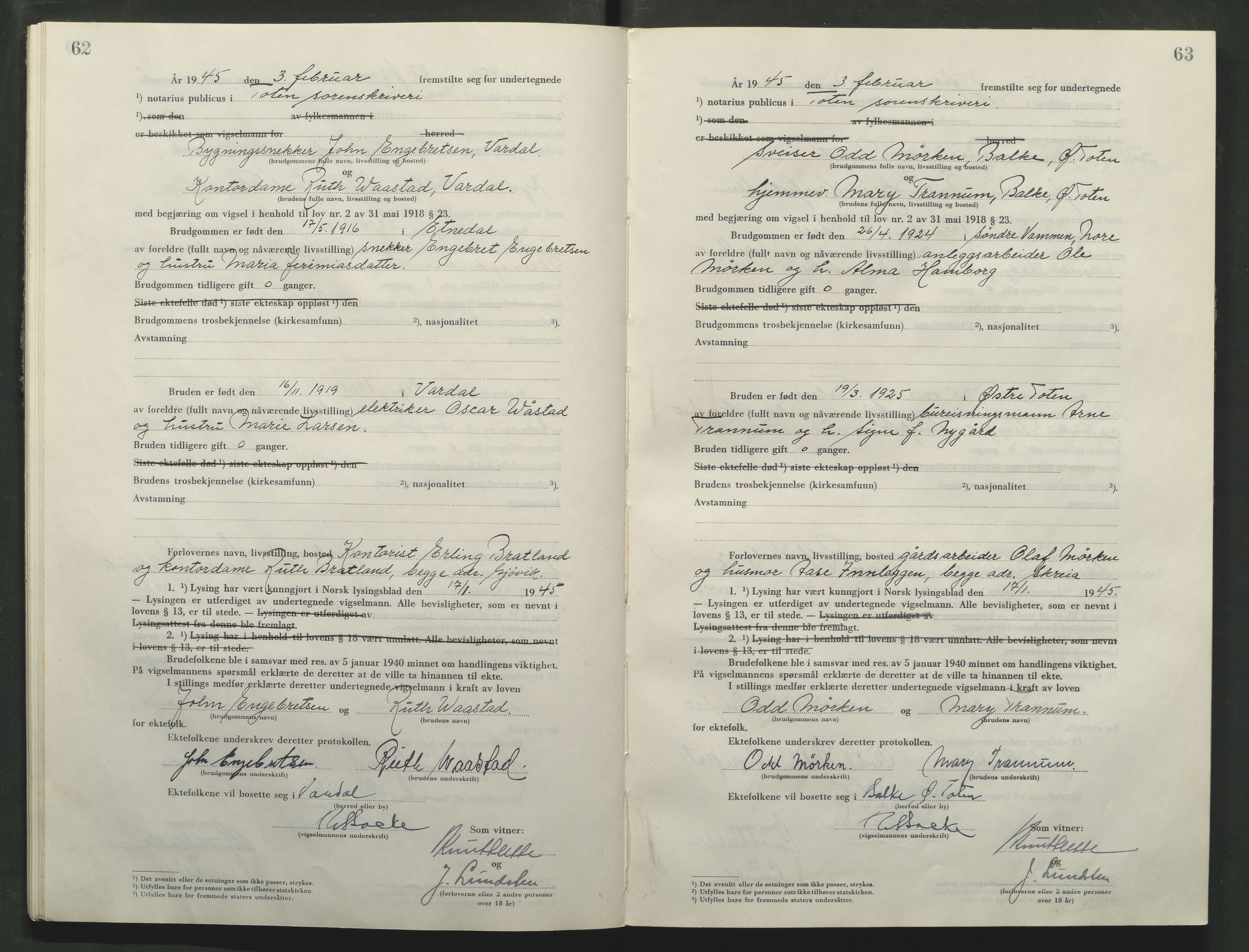 Toten tingrett, AV/SAH-TING-006/L/Lc/L0005: Vigselbok, 1944-1948, p. 62-63