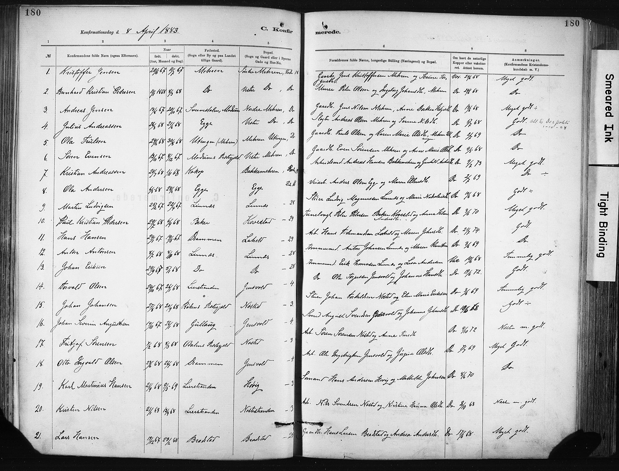 Lier kirkebøker, SAKO/A-230/F/Fa/L0015: Parish register (official) no. I 15, 1883-1894, p. 180