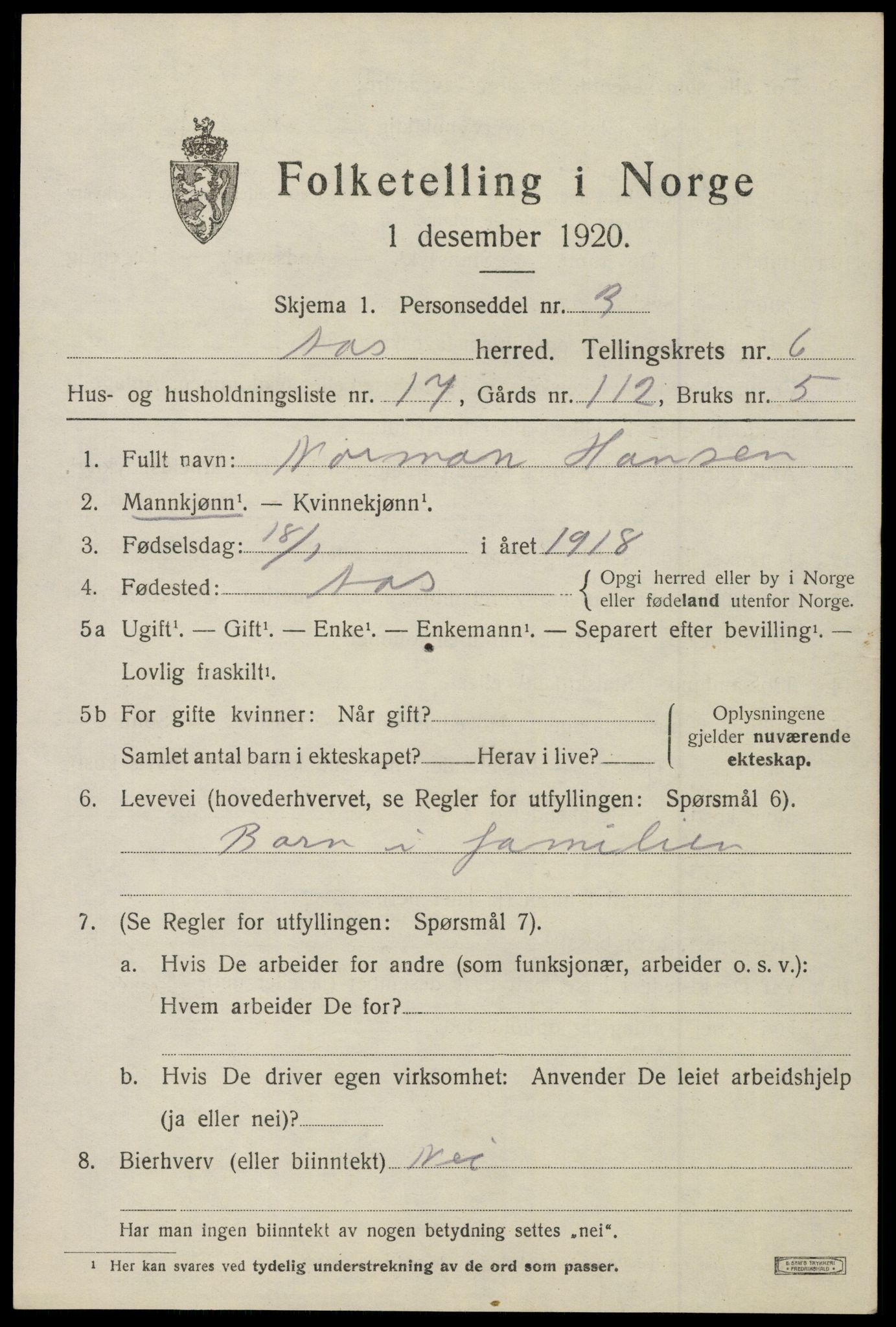 SAO, 1920 census for Ås, 1920, p. 7020