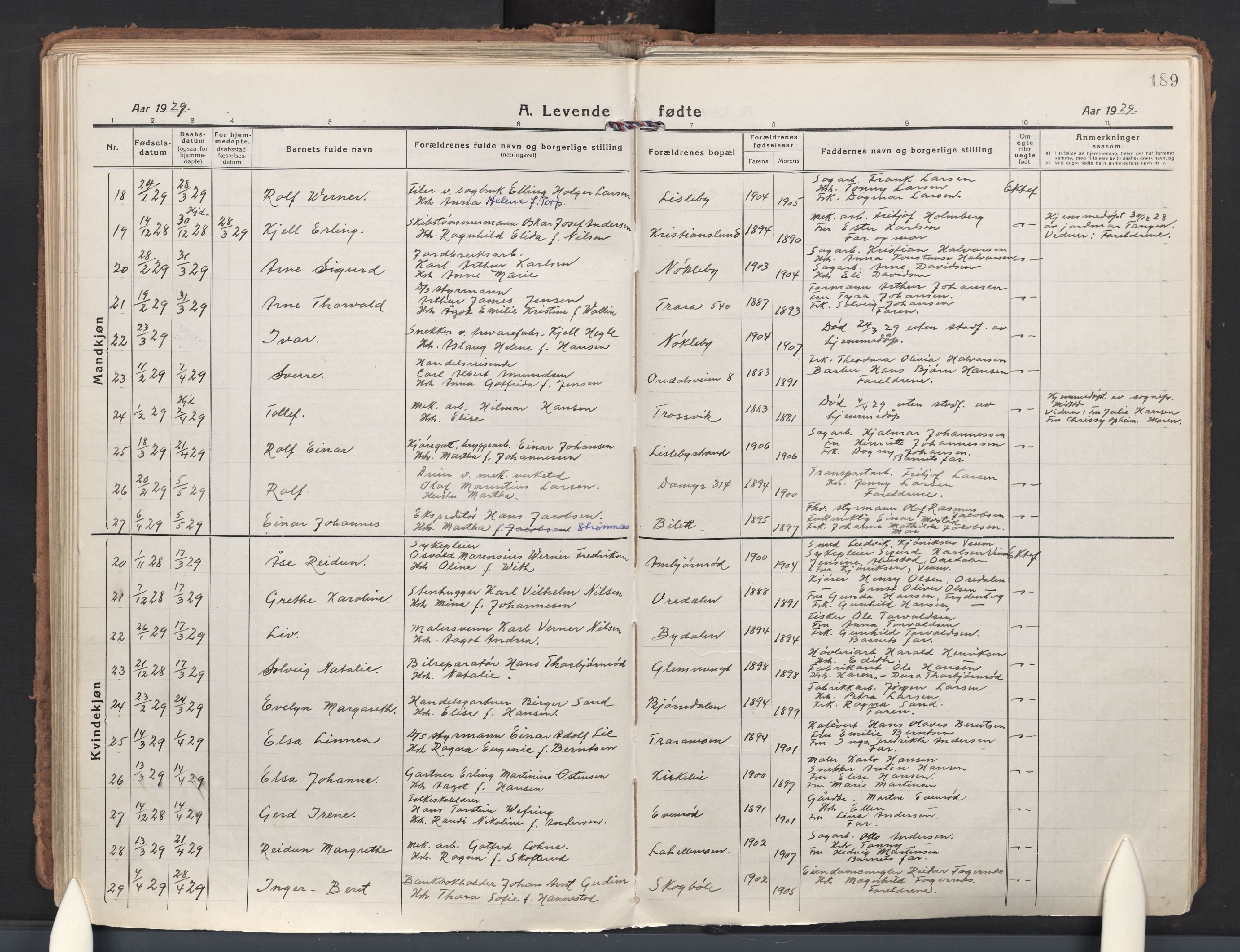 Glemmen prestekontor Kirkebøker, AV/SAO-A-10908/G/Ga/L0009: Parish register (copy) no. 9, 1917-1939, p. 189