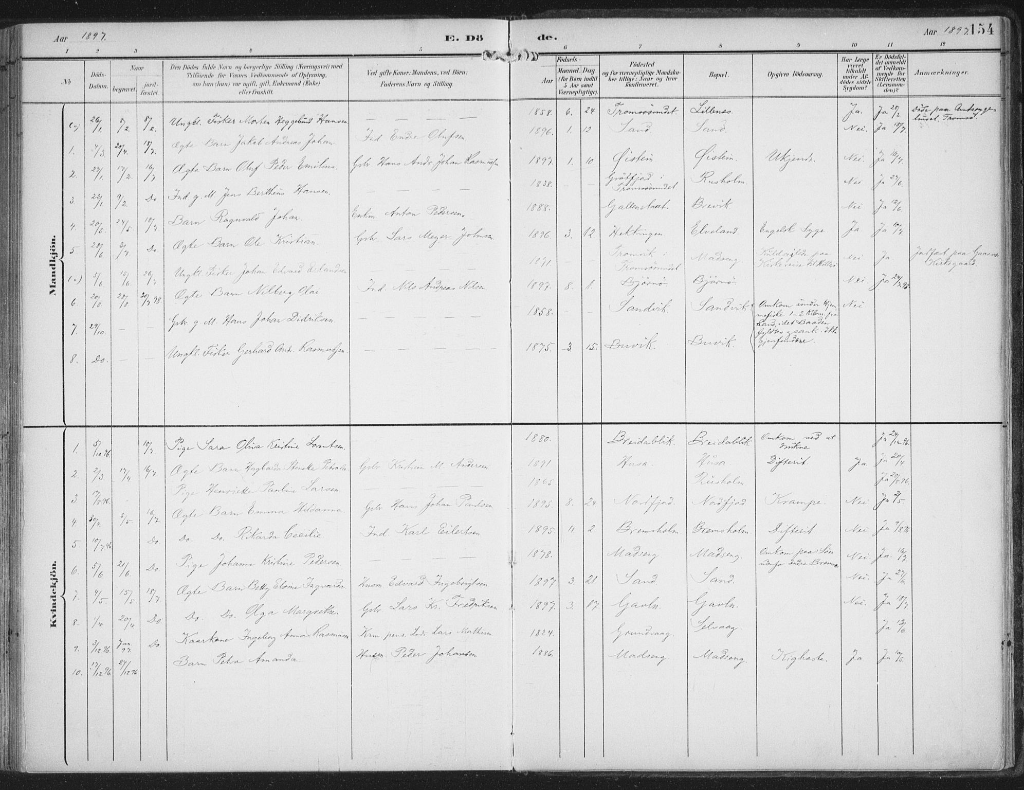 Lenvik sokneprestembete, SATØ/S-1310/H/Ha/Haa/L0015kirke: Parish register (official) no. 15, 1896-1915, p. 154