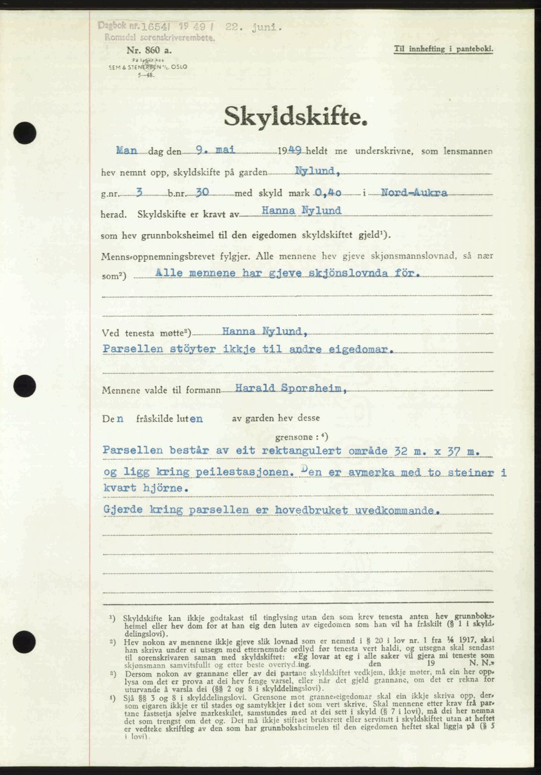 Romsdal sorenskriveri, AV/SAT-A-4149/1/2/2C: Mortgage book no. A30, 1949-1949, Diary no: : 1654/1949