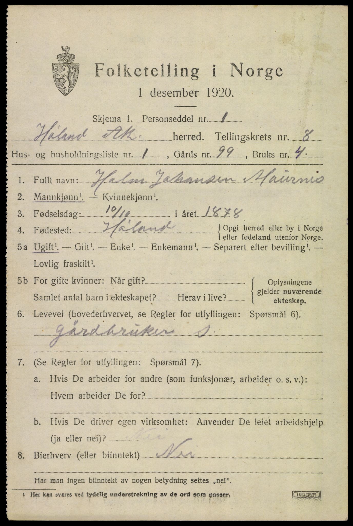 SAO, 1920 census for Høland, 1920, p. 9677
