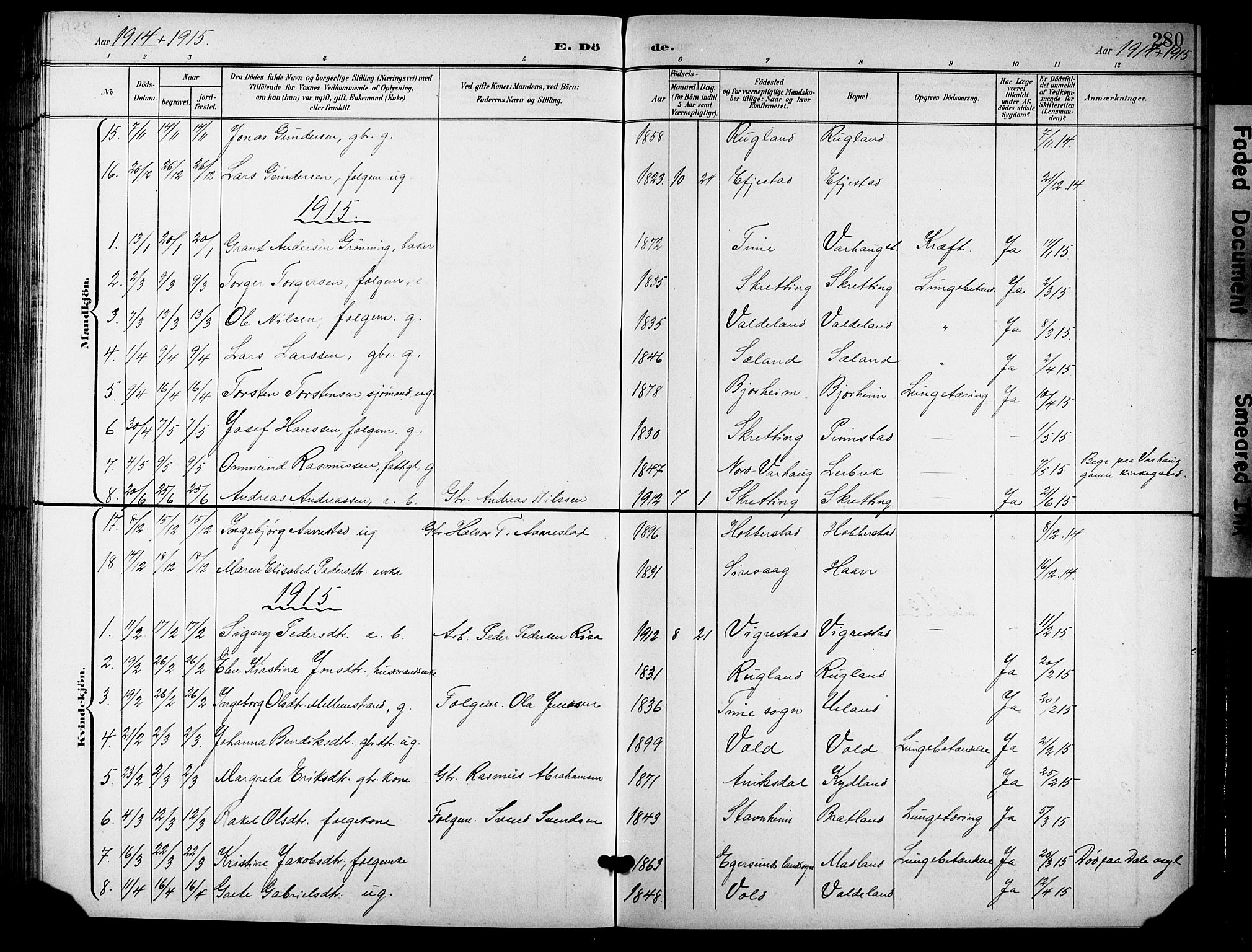 Hå sokneprestkontor, AV/SAST-A-101801/001/30BB/L0006: Parish register (copy) no. B 6, 1900-1924, p. 280