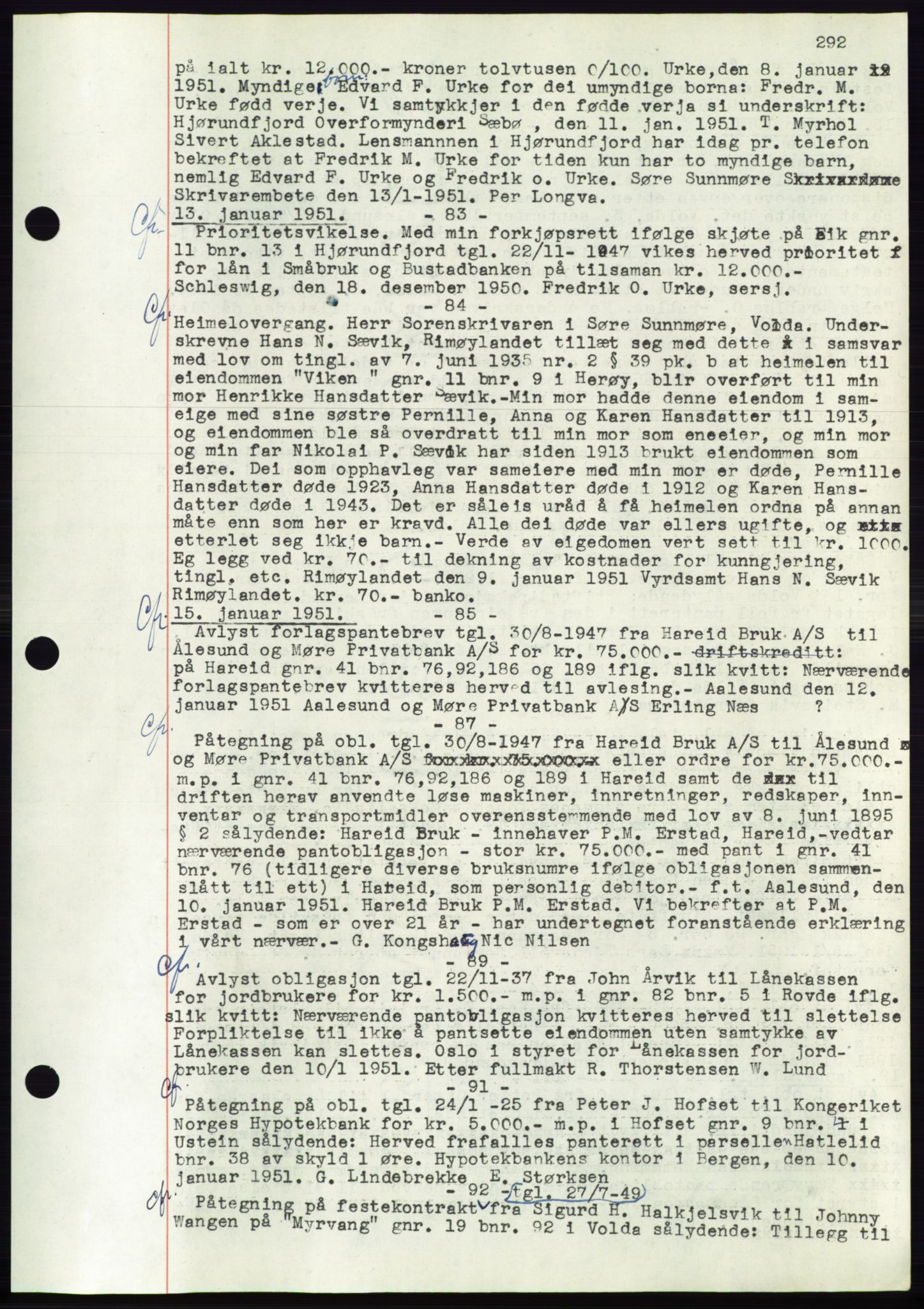 Søre Sunnmøre sorenskriveri, AV/SAT-A-4122/1/2/2C/L0072: Mortgage book no. 66, 1941-1955, Diary no: : 83/1951