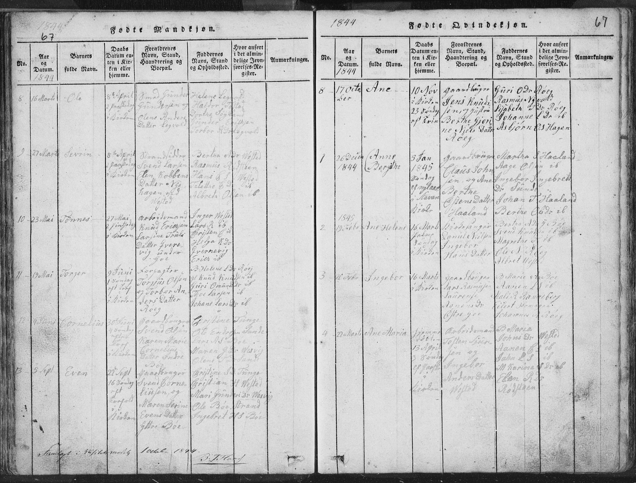 Hetland sokneprestkontor, SAST/A-101826/30/30BA/L0001: Parish register (official) no. A 1, 1816-1856, p. 67