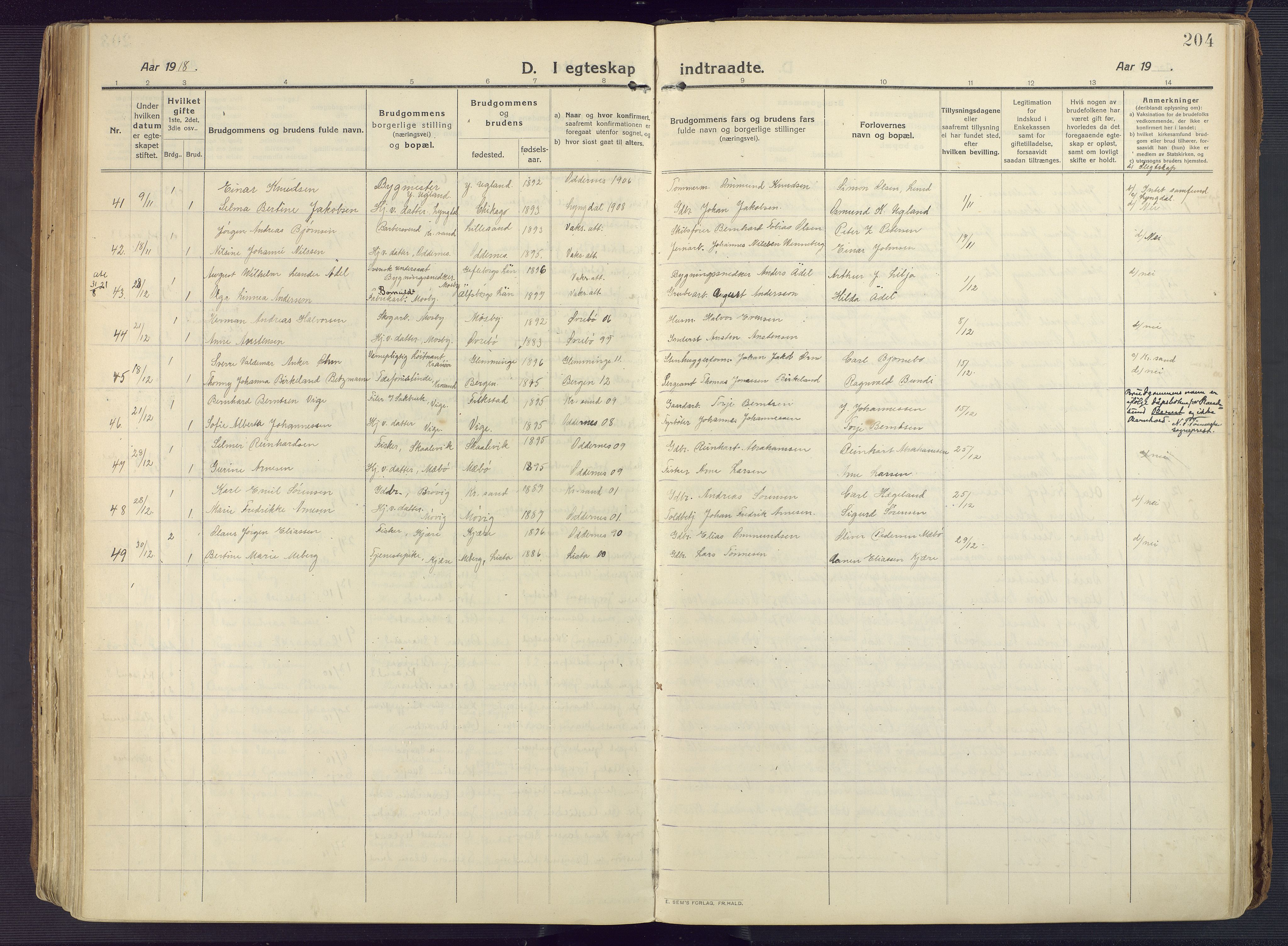 Oddernes sokneprestkontor, AV/SAK-1111-0033/F/Fa/Faa/L0012: Parish register (official) no. A 12, 1912-1925, p. 204