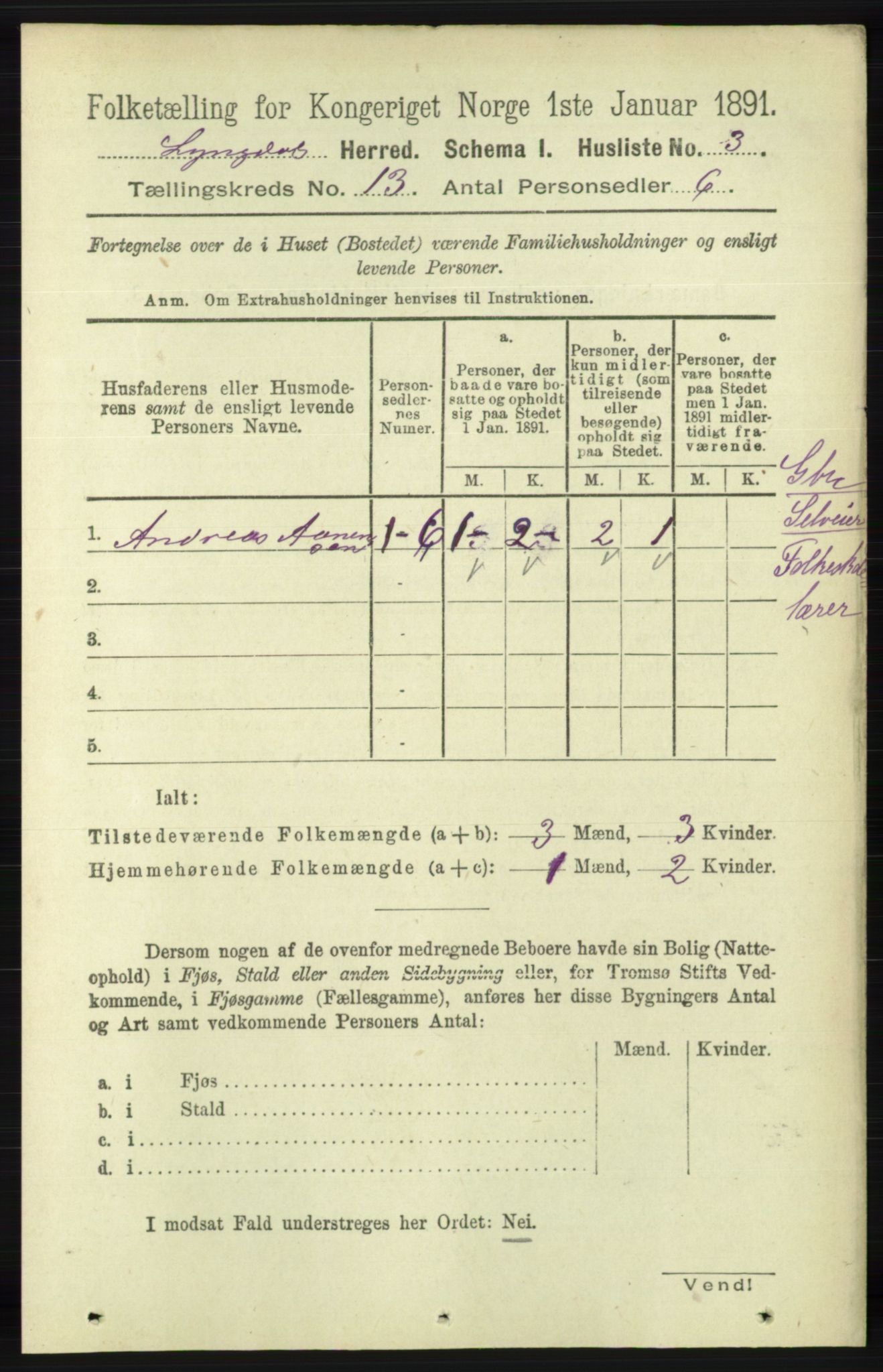 RA, 1891 census for 1032 Lyngdal, 1891, p. 5561