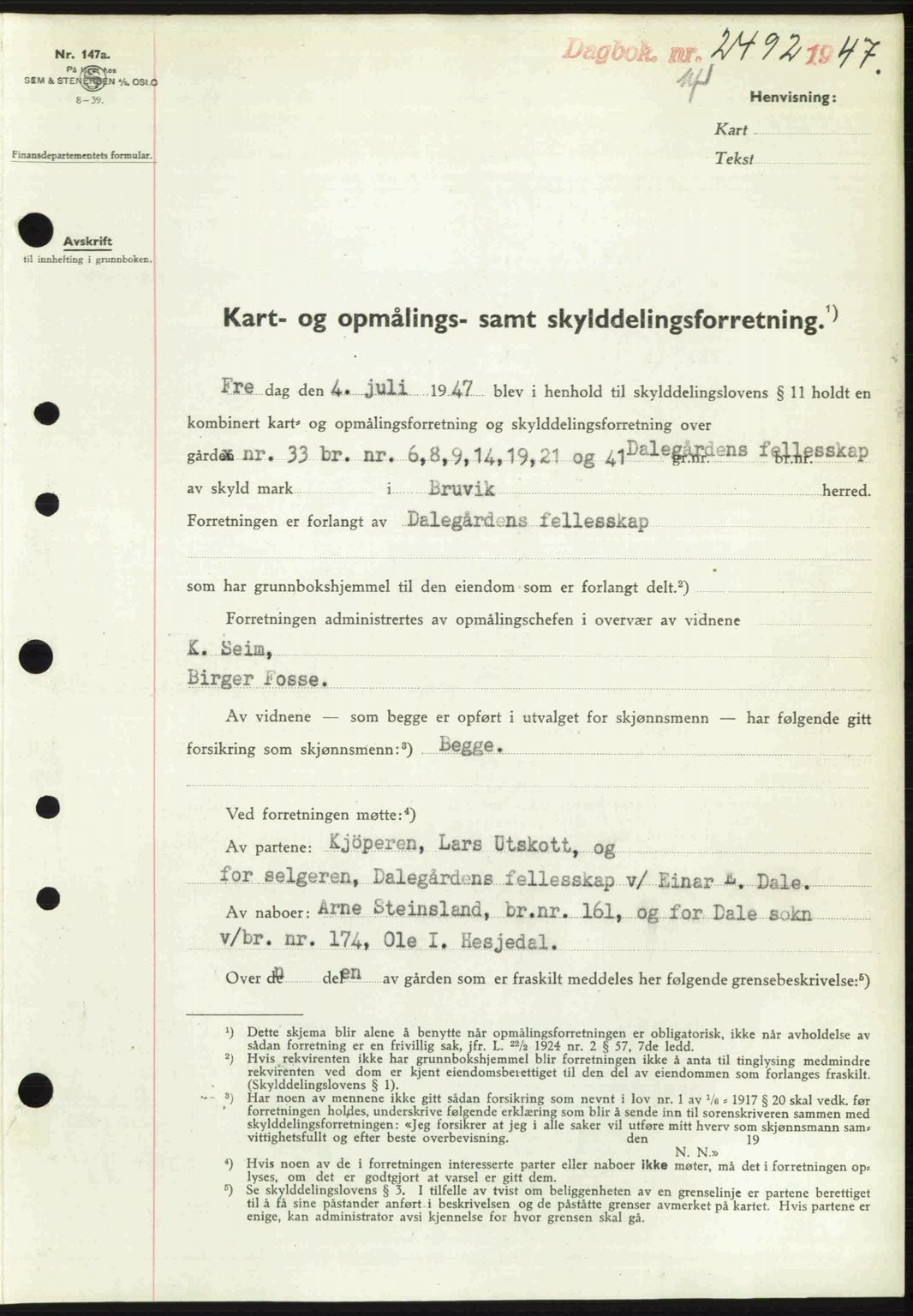 Nordhordland sorenskrivar, SAB/A-2901/1/G/Gb/Gbf/L0032: Mortgage book no. A32, 1947-1947, Diary no: : 2492/1947