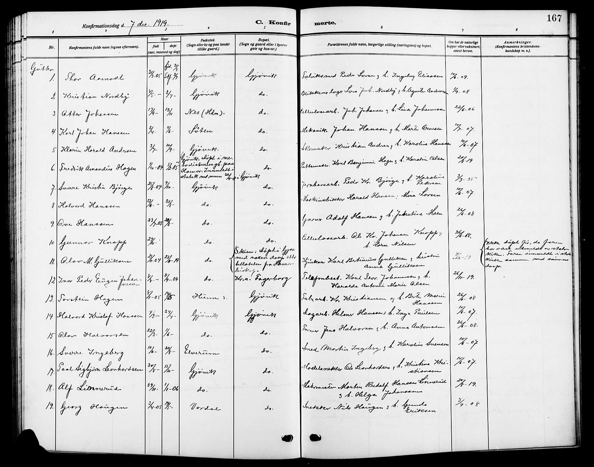 Vardal prestekontor, SAH/PREST-100/H/Ha/Hab/L0014: Parish register (copy) no. 14, 1911-1922, p. 167