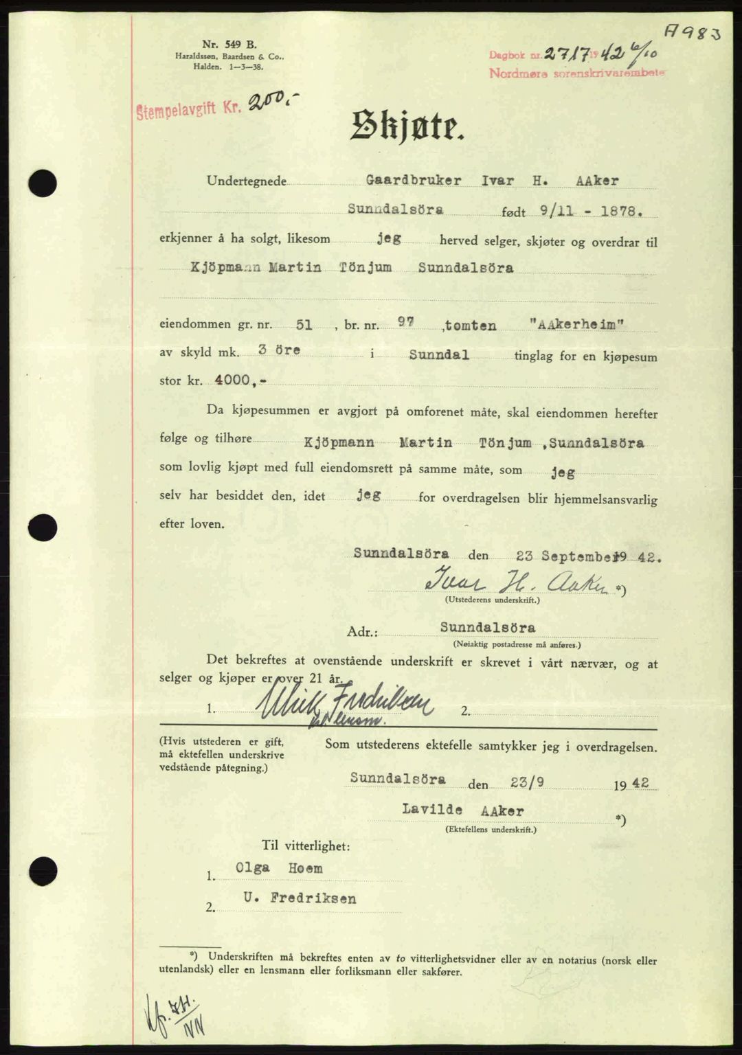 Nordmøre sorenskriveri, AV/SAT-A-4132/1/2/2Ca: Mortgage book no. A93, 1942-1942, Diary no: : 2717/1942