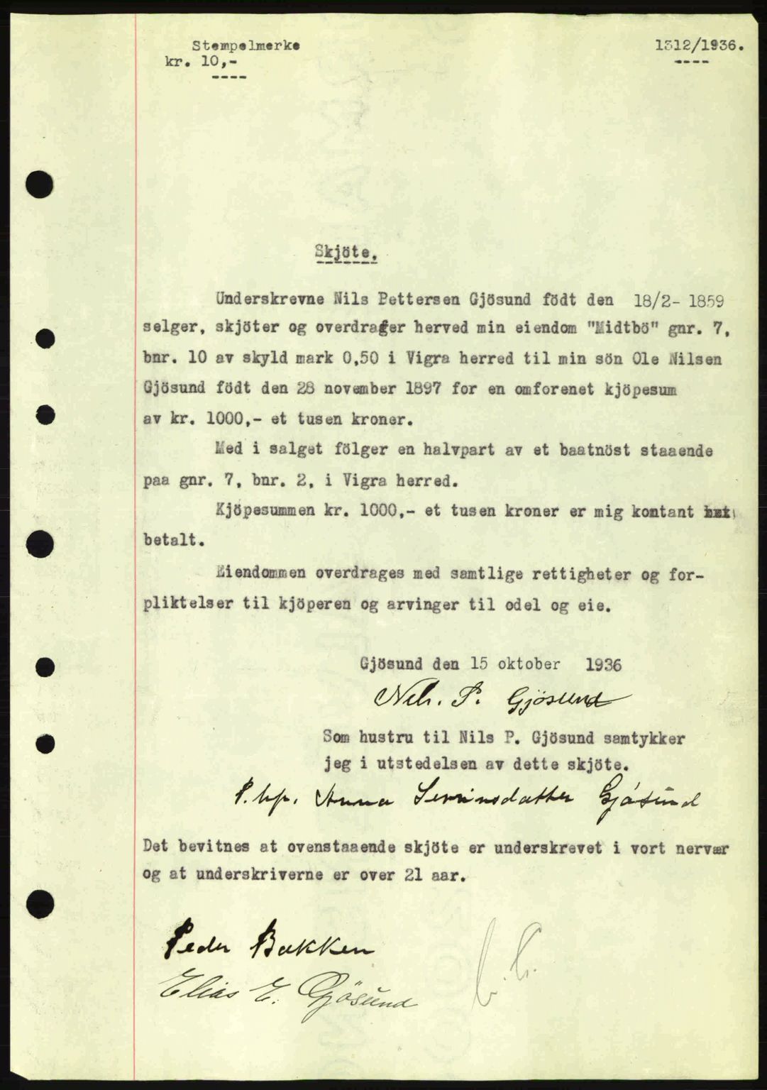 Nordre Sunnmøre sorenskriveri, AV/SAT-A-0006/1/2/2C/2Ca: Mortgage book no. A2, 1936-1937, Diary no: : 1312/1936