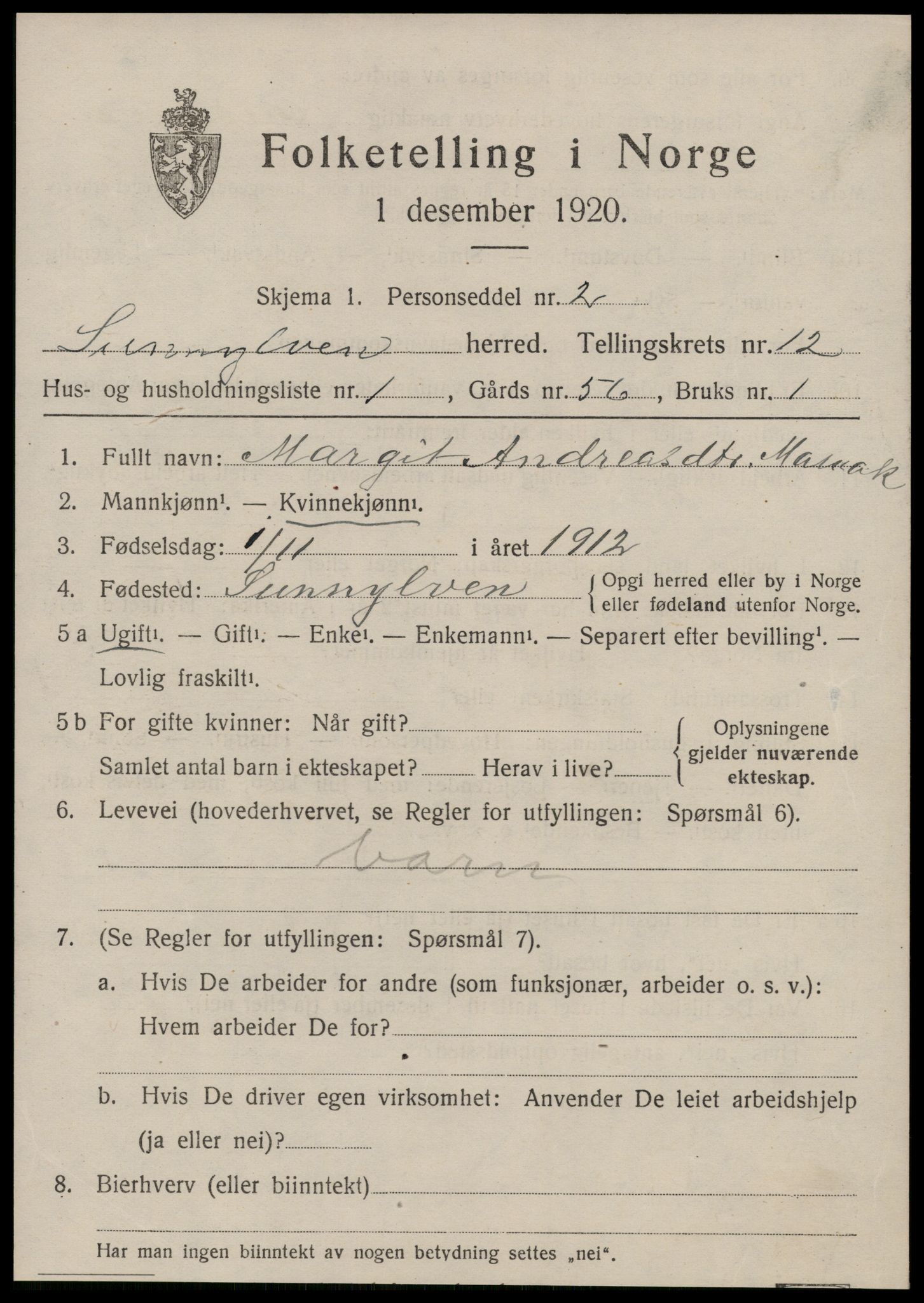 SAT, 1920 census for Sunnylven, 1920, p. 3242