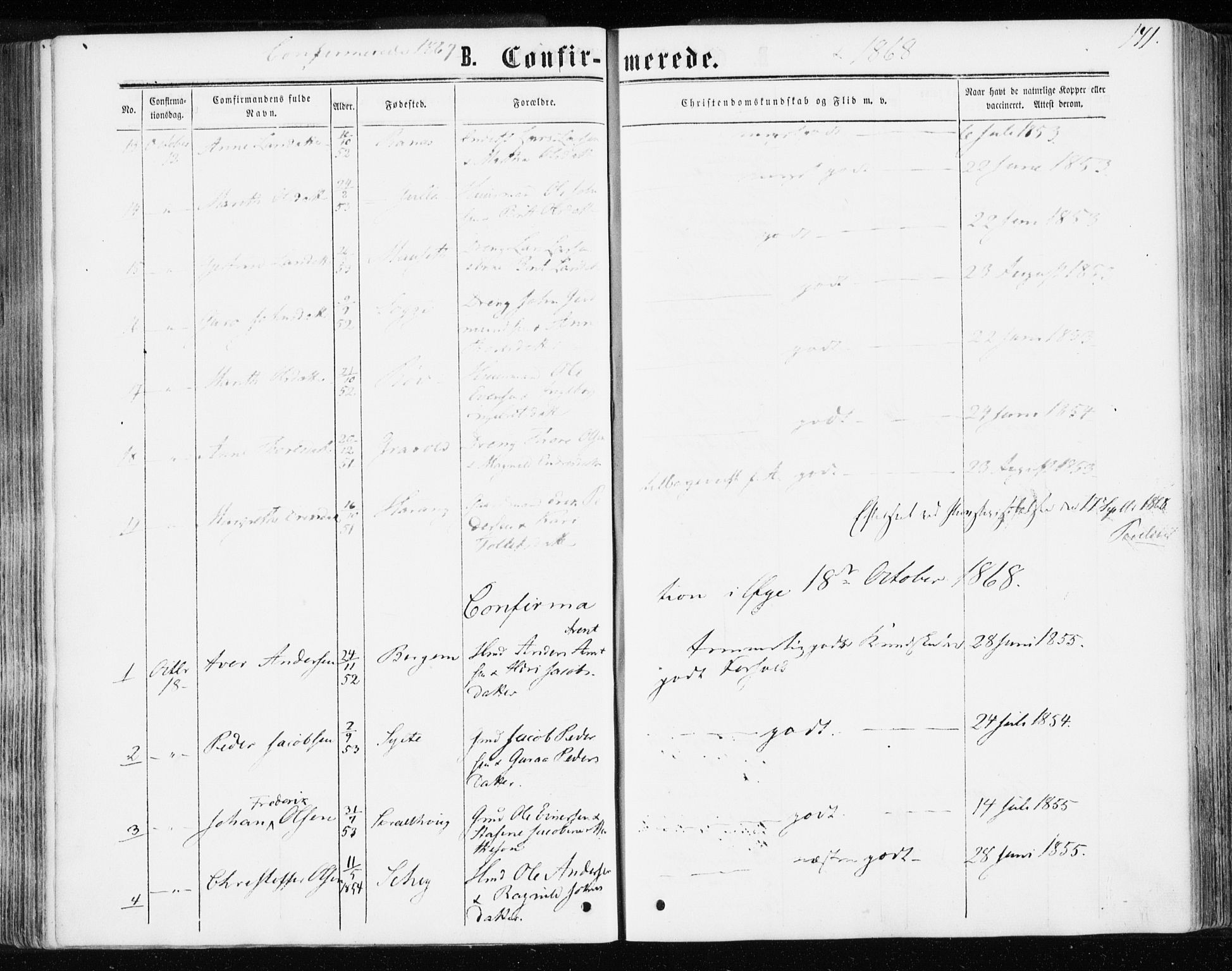 Ministerialprotokoller, klokkerbøker og fødselsregistre - Møre og Romsdal, SAT/A-1454/595/L1045: Parish register (official) no. 595A07, 1863-1873, p. 141
