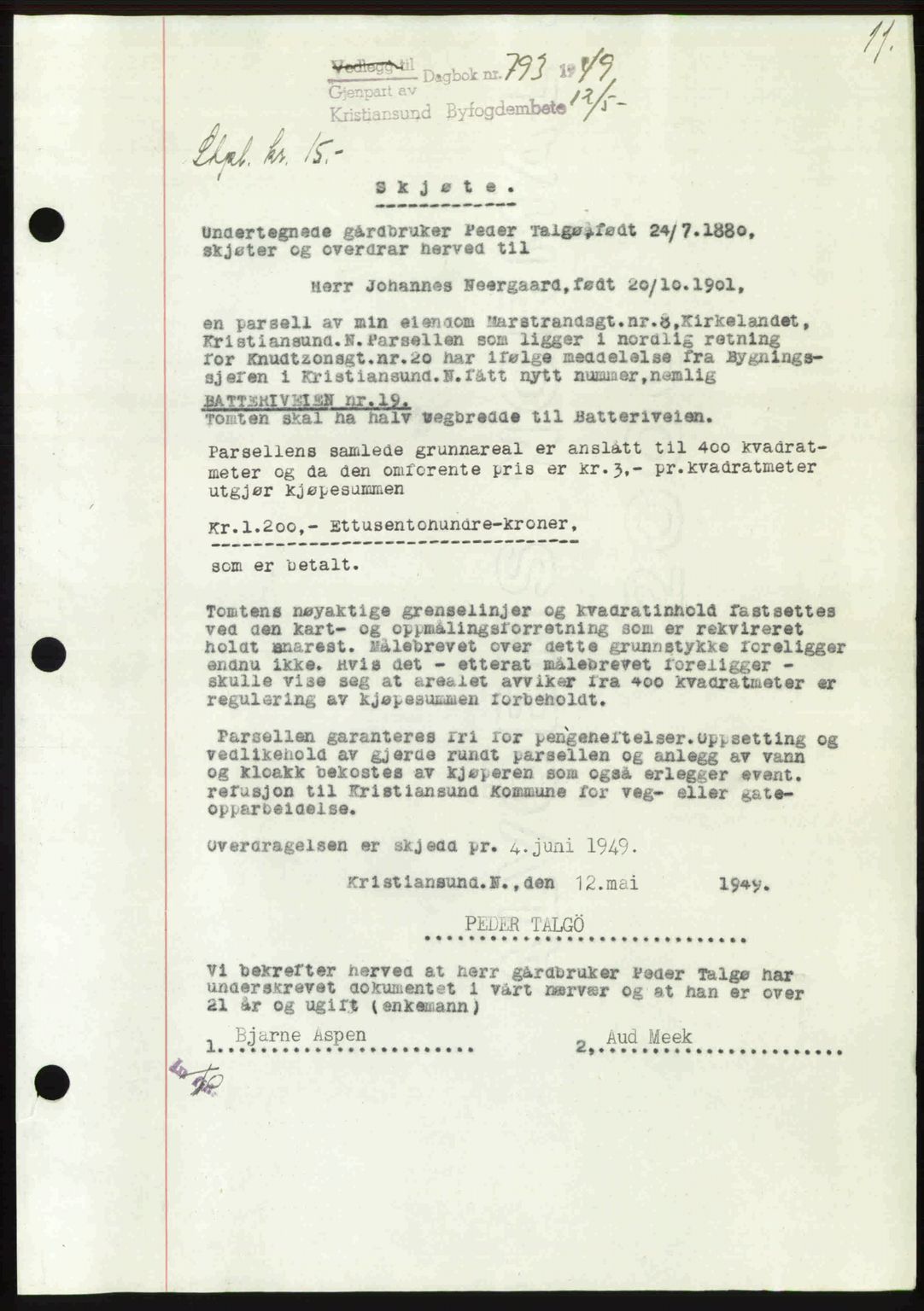 Kristiansund byfogd, AV/SAT-A-4587/A/27: Mortgage book no. 46, 1949-1950, Diary no: : 793/1949
