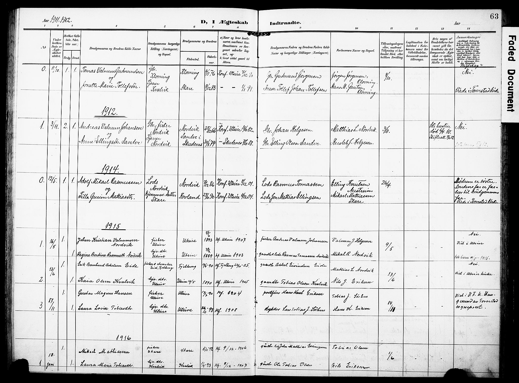 Torvastad sokneprestkontor, SAST/A -101857/H/Ha/Haa/L0018: Parish register (official) no. A 17, 1903-1925, p. 63