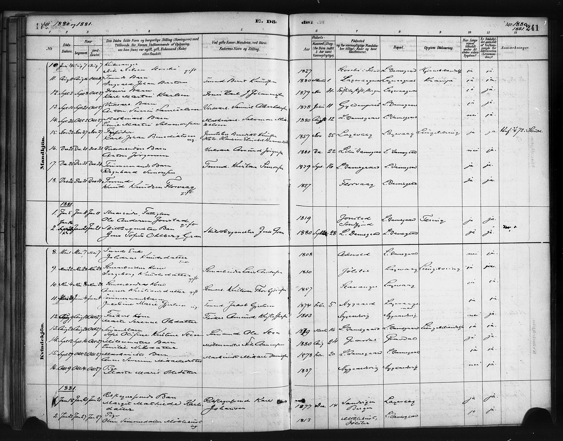 Askøy Sokneprestembete, SAB/A-74101/H/Ha/Haa/Haae/L0002: Parish register (official) no. E 2, 1878-1891, p. 241