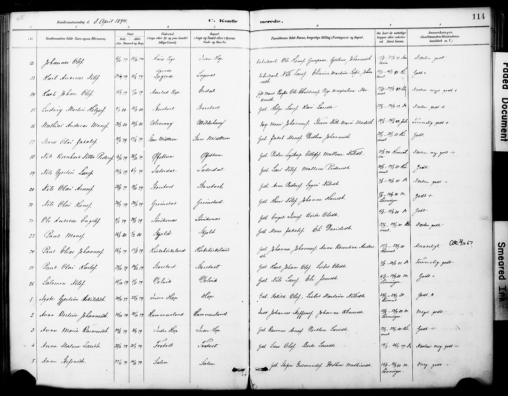 Fana Sokneprestembete, AV/SAB-A-75101/H/Haa/Haai/L0002: Parish register (official) no. I 2, 1888-1899, p. 114