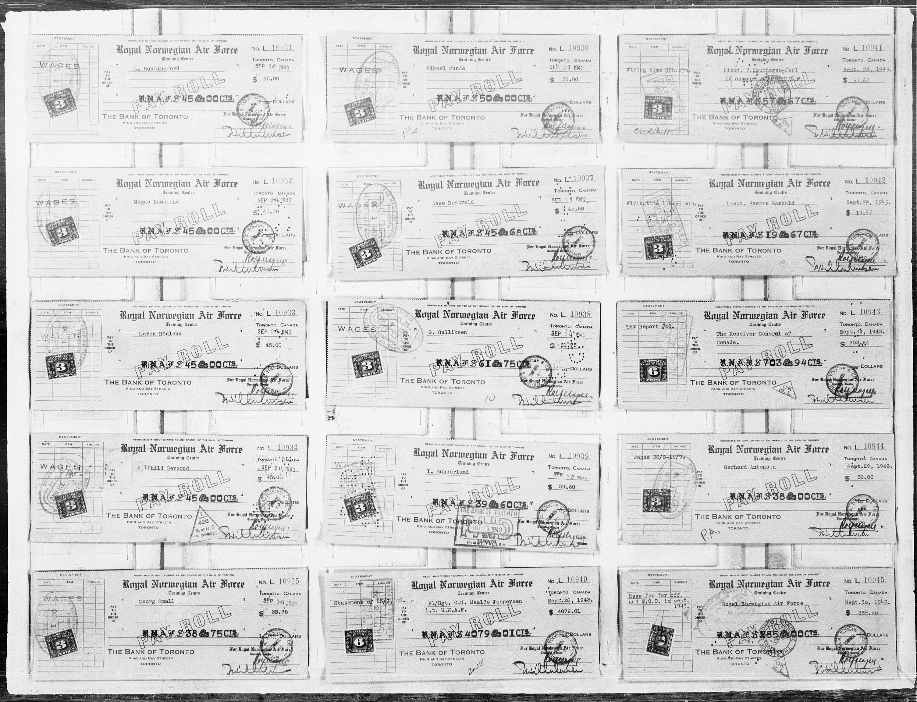 Forsvaret, Flyvåpnenes treningsleir 1940-1945, AV/RA-RAFA-3974/V/L0065: Sjekker.  F.T.L. lønningssjekker L-10 901 til L-16 300., 1940-1945