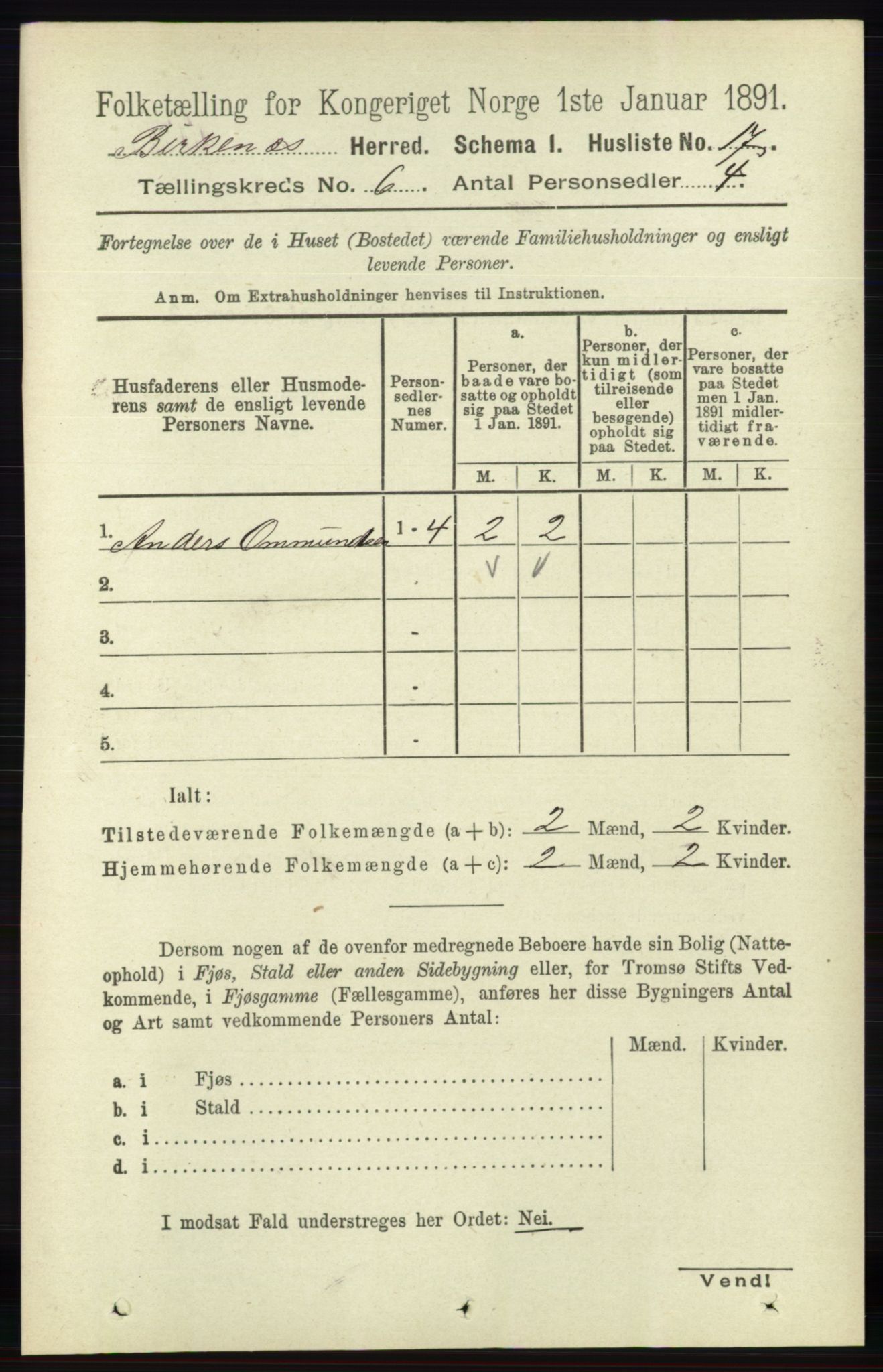 RA, 1891 Census for 0928 Birkenes, 1891, p. 1782
