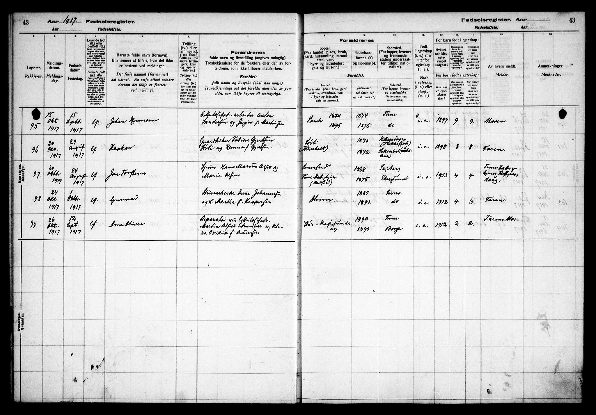 Tune prestekontor Kirkebøker, AV/SAO-A-2007/J/Ja/L0001: Birth register no. I 1, 1916-1928, p. 43