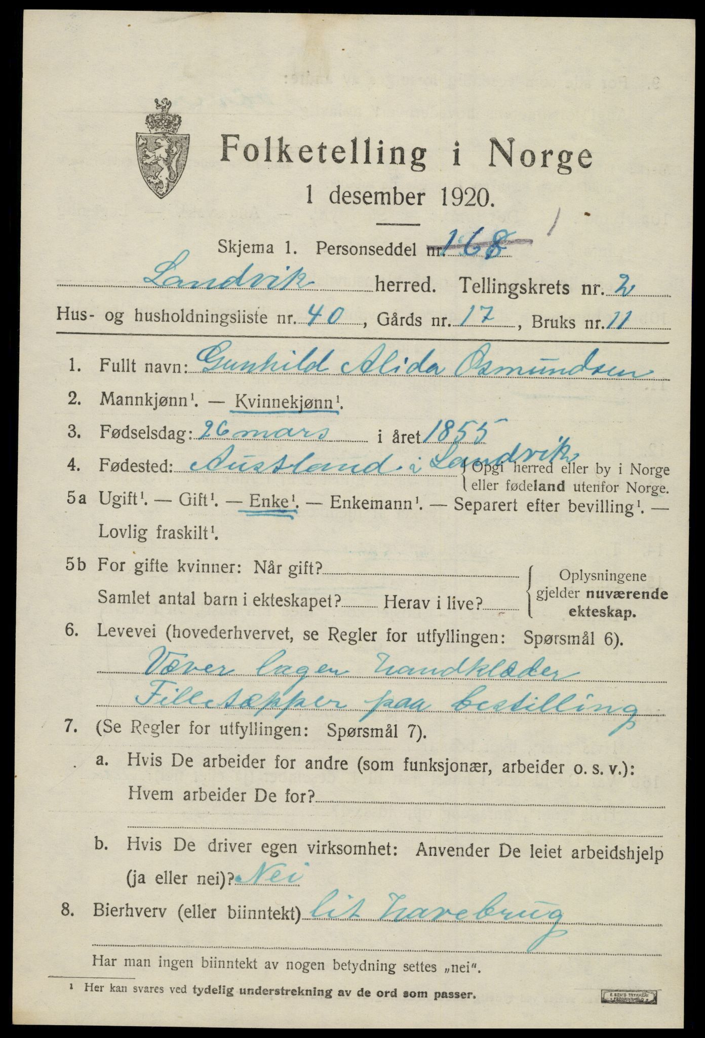 SAK, 1920 census for Landvik, 1920, p. 2102