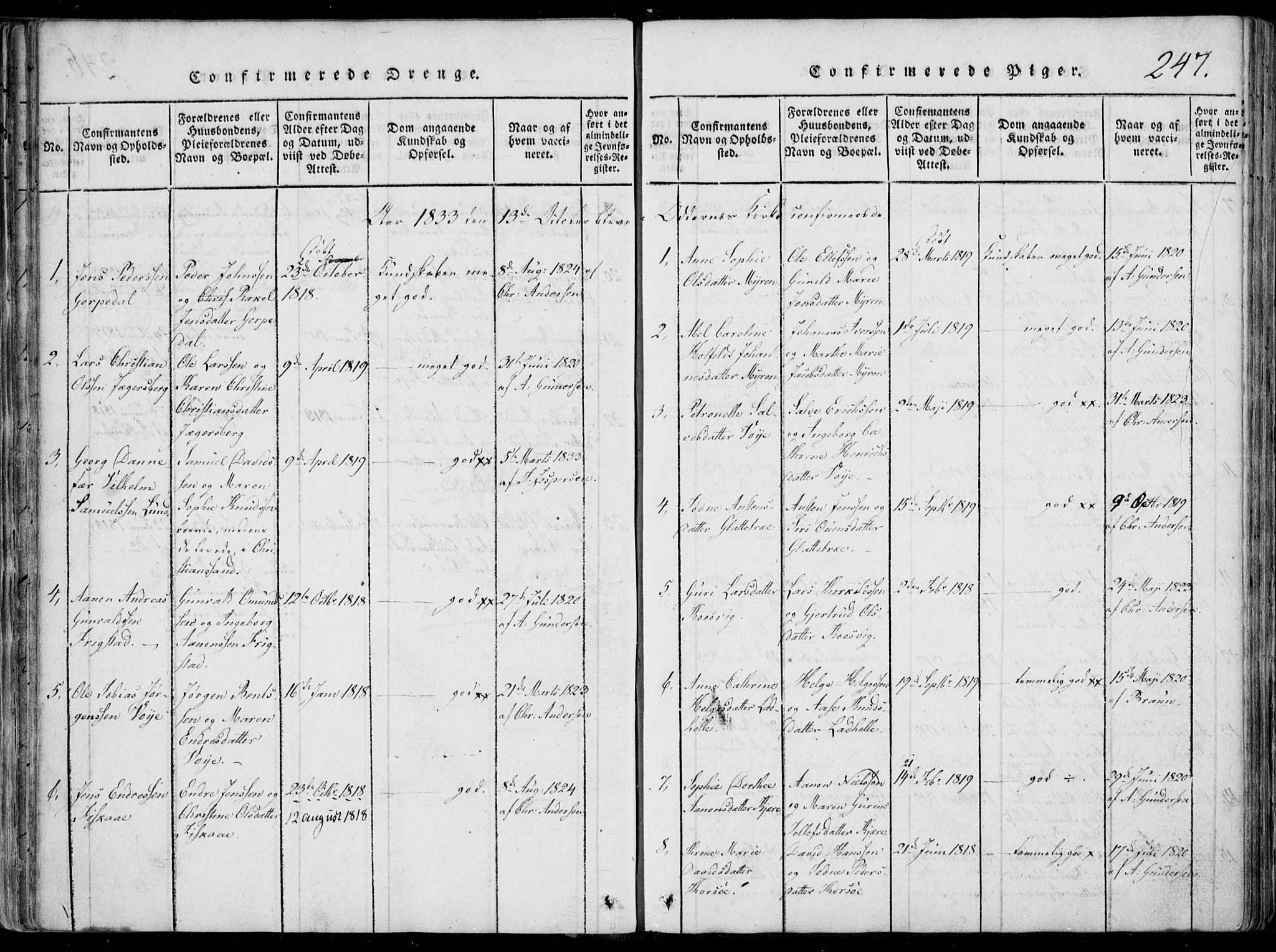 Oddernes sokneprestkontor, AV/SAK-1111-0033/F/Fa/Faa/L0005: Parish register (official) no. A 5, 1820-1838, p. 247