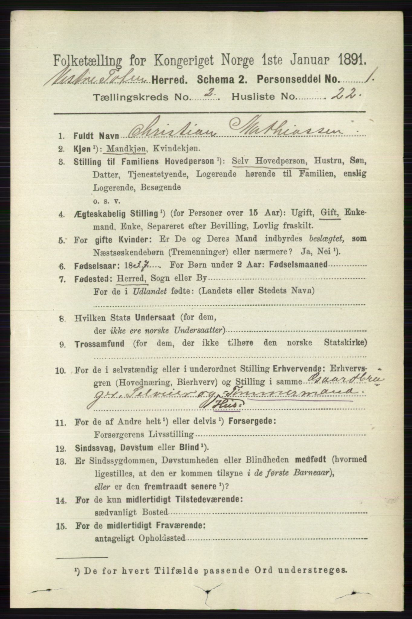 RA, 1891 census for 0529 Vestre Toten, 1891, p. 1526