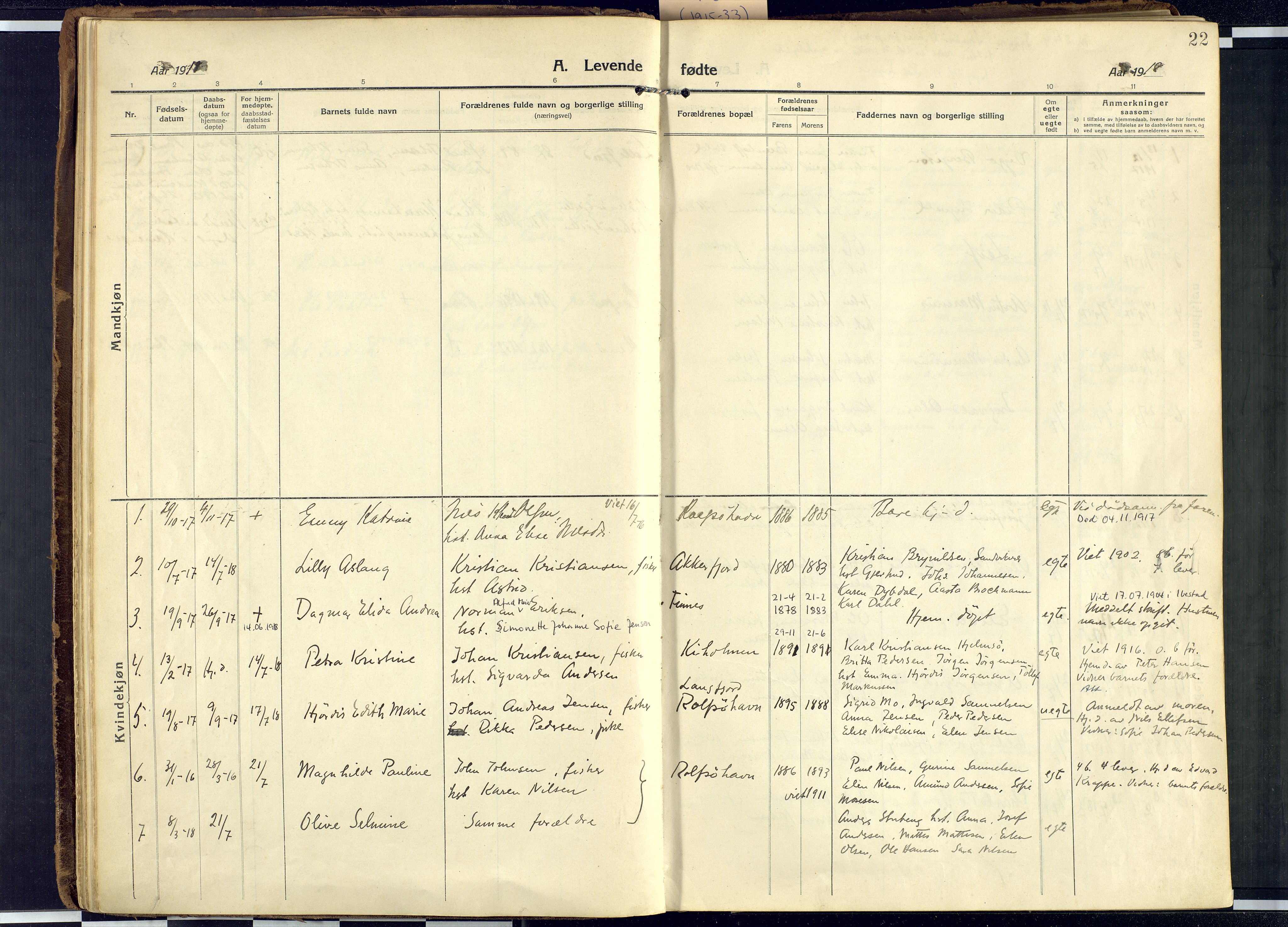 Måsøy sokneprestkontor, AV/SATØ-S-1348/H/Ha/L0010kirke: Parish register (official) no. 10, 1915-1933, p. 22