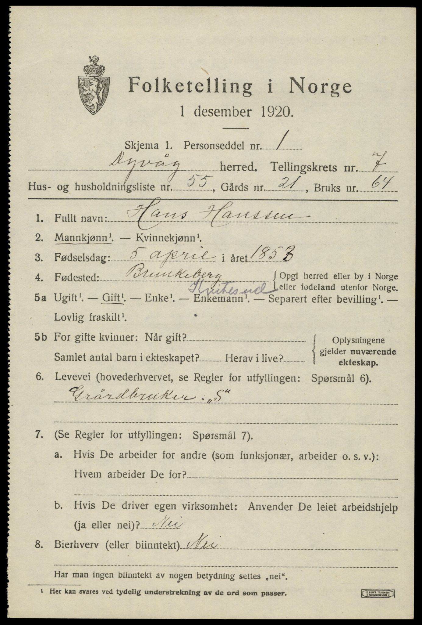 SAK, 1920 census for Dypvåg, 1920, p. 6207