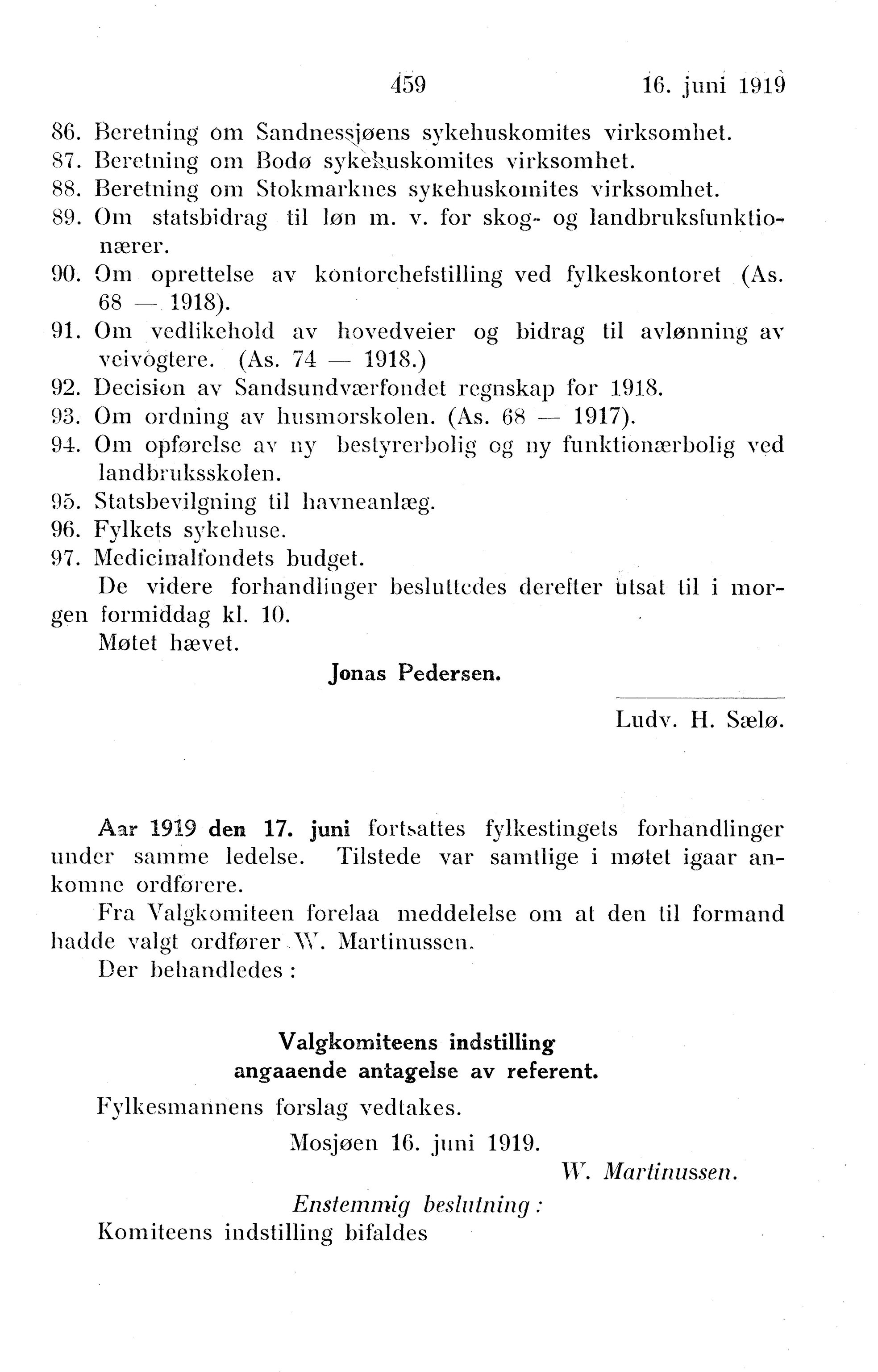 Nordland Fylkeskommune. Fylkestinget, AIN/NFK-17/176/A/Ac/L0042: Fylkestingsforhandlinger 1919, 1919, p. 459