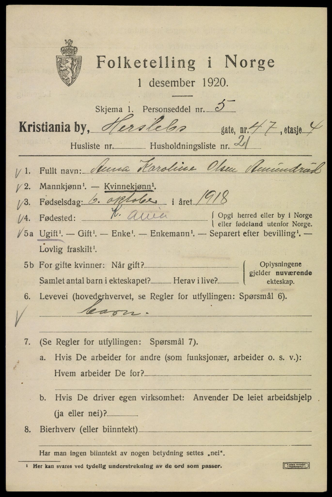 SAO, 1920 census for Kristiania, 1920, p. 292395