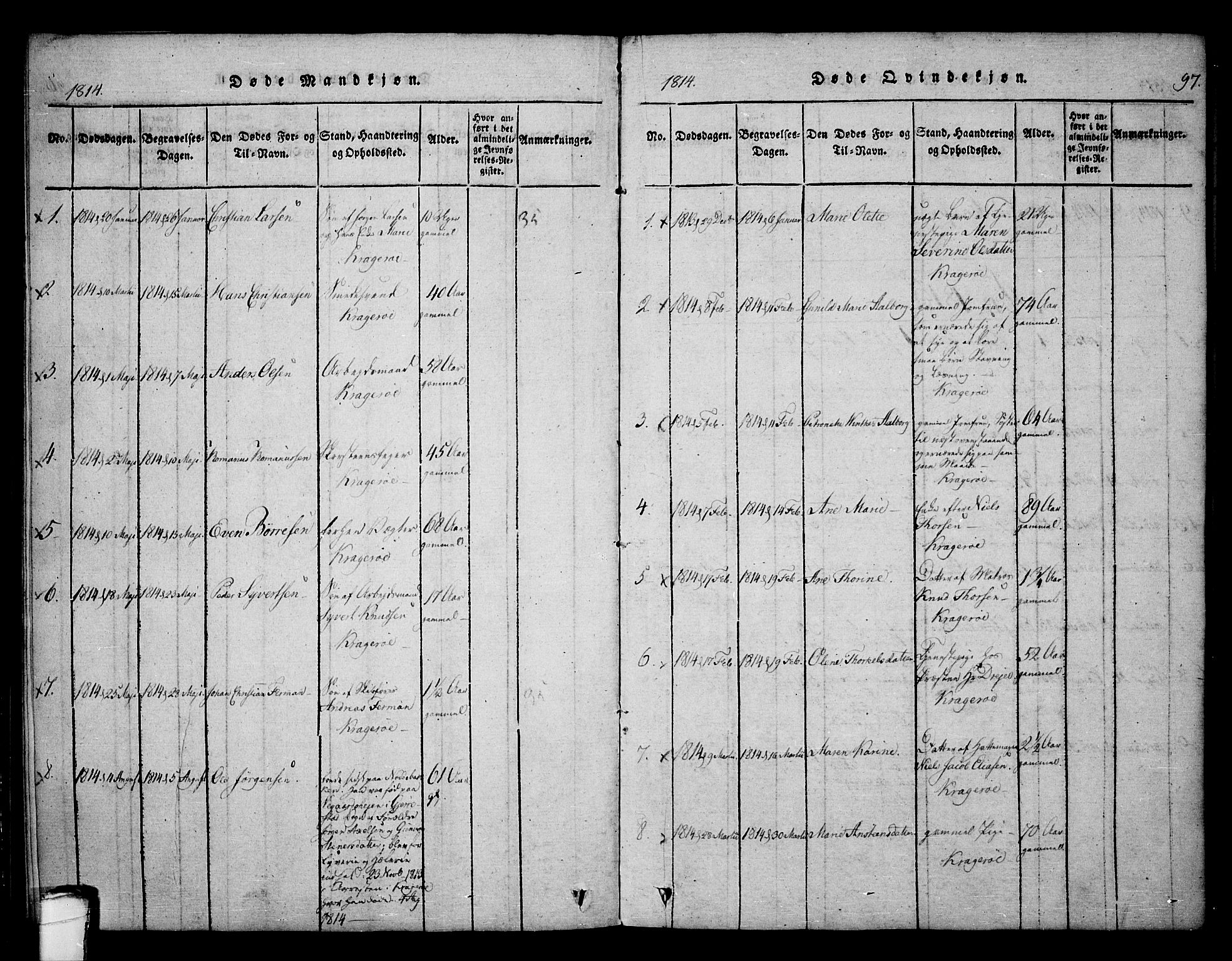 Kragerø kirkebøker, SAKO/A-278/F/Fa/L0004: Parish register (official) no. 4, 1814-1831, p. 97