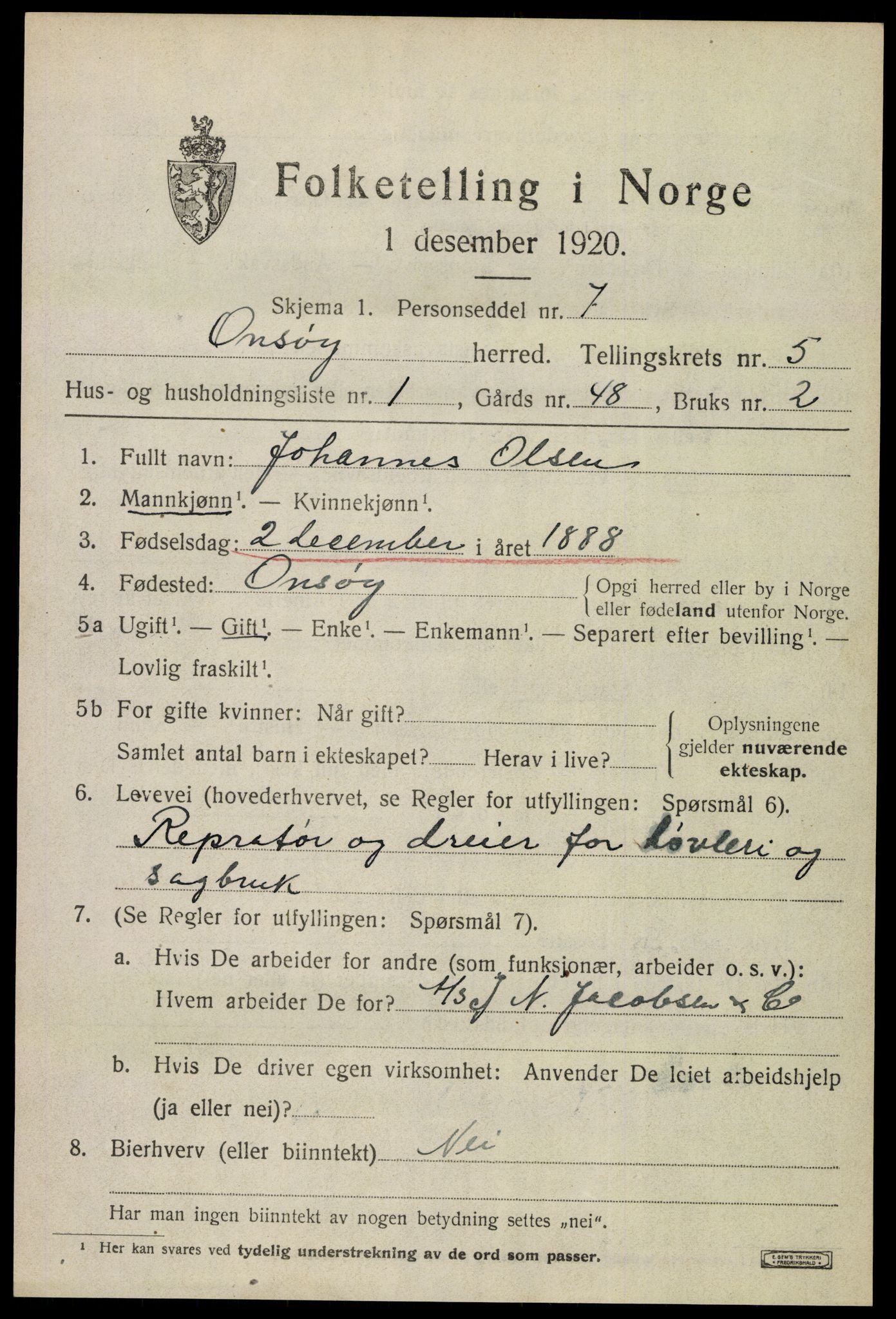 SAO, 1920 census for Onsøy, 1920, p. 6428