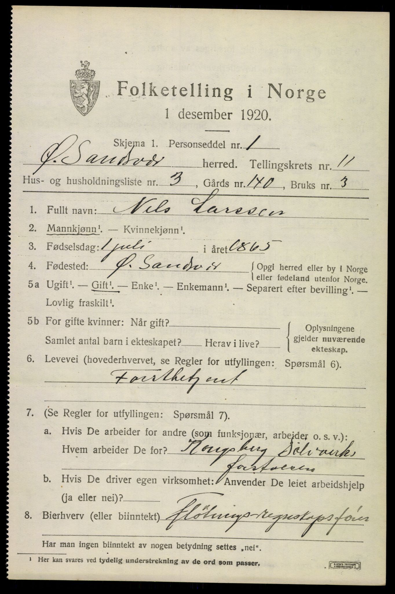 SAKO, 1920 census for Øvre Sandsvær, 1920, p. 5748