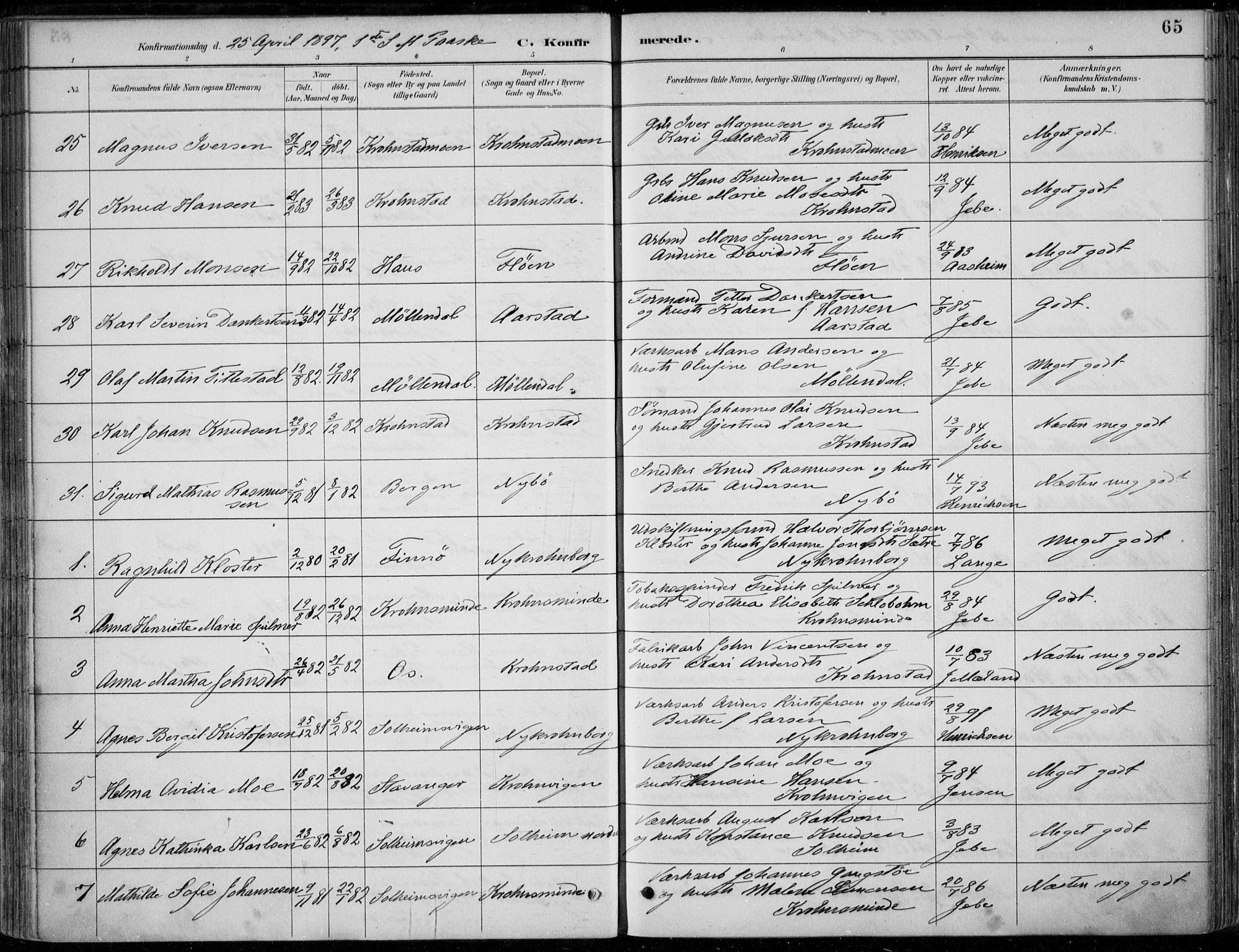 Årstad Sokneprestembete, AV/SAB-A-79301/H/Haa/L0006: Parish register (official) no. B 1, 1886-1901, p. 65