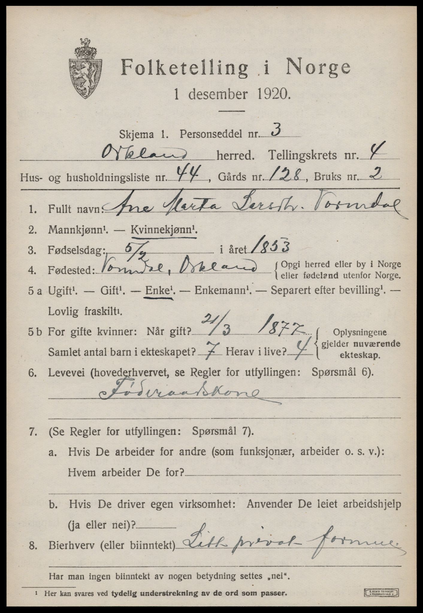 SAT, 1920 census for Orkland, 1920, p. 3804