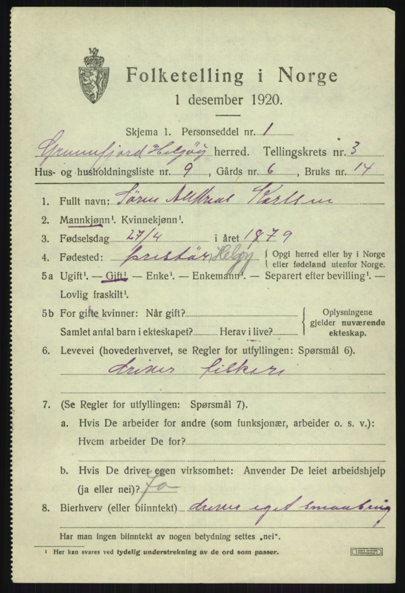 SATØ, 1920 census for Helgøy, 1920, p. 1485