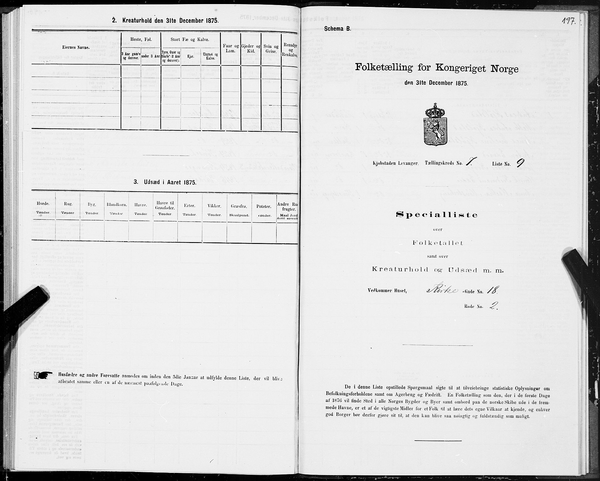 SAT, 1875 census for 1701B Levanger/Levanger, 1875, p. 197