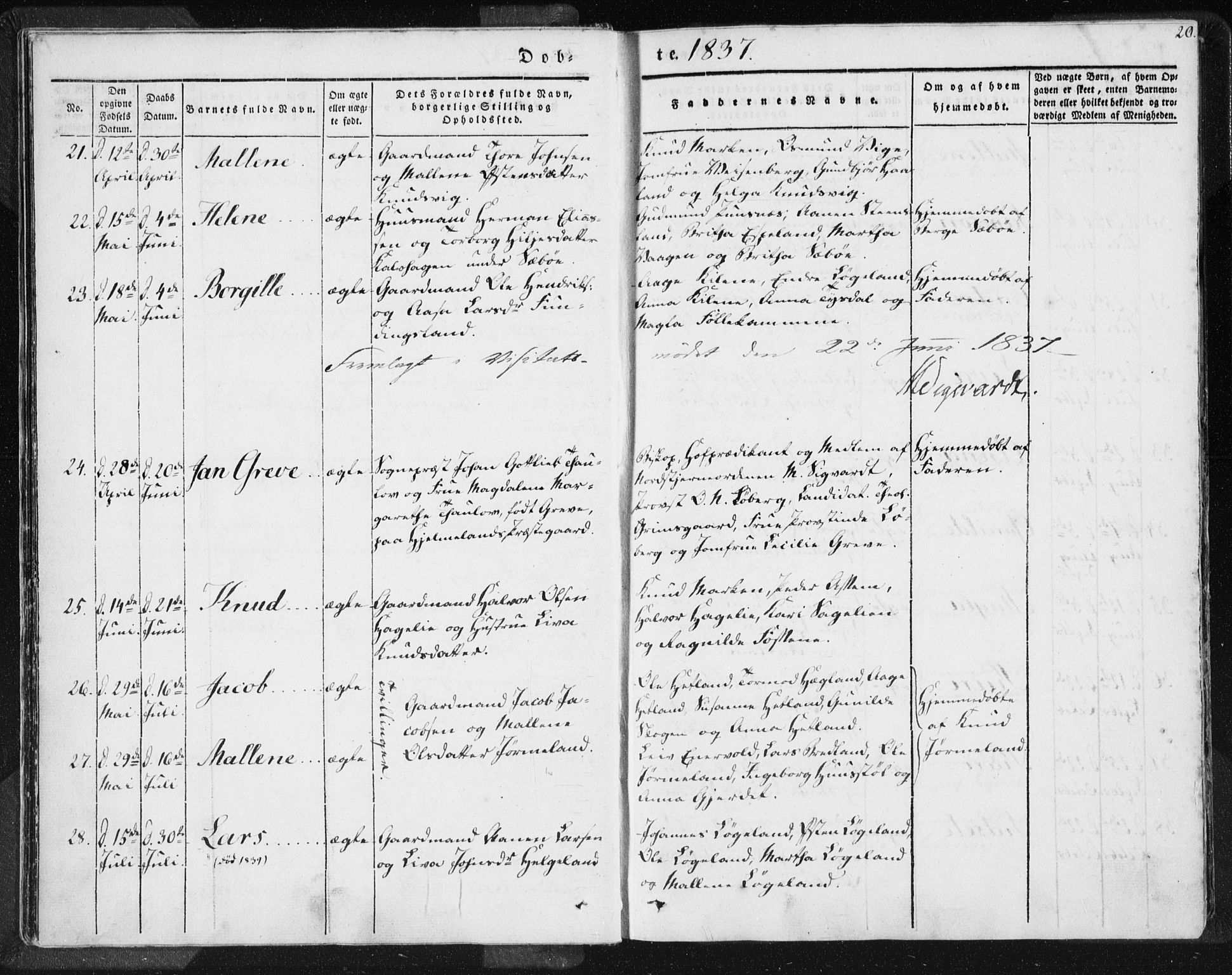 Hjelmeland sokneprestkontor, AV/SAST-A-101843/01/IV/L0006: Parish register (official) no. A 6, 1834-1845, p. 20